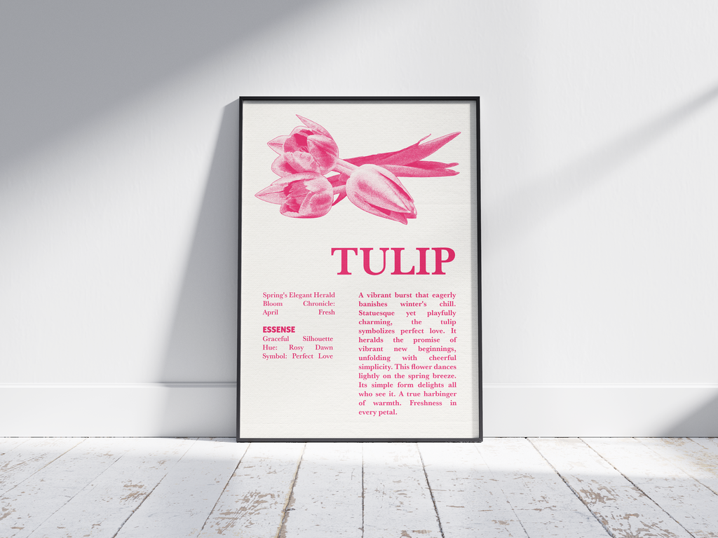 Vintage botanical tulip poster featuring a detailed flower illustration in soft red tones, printed on semi-gloss sustainable paper. Perfect wall art for living rooms, bedrooms, or modern interiors with a loving and natural aesthetic.