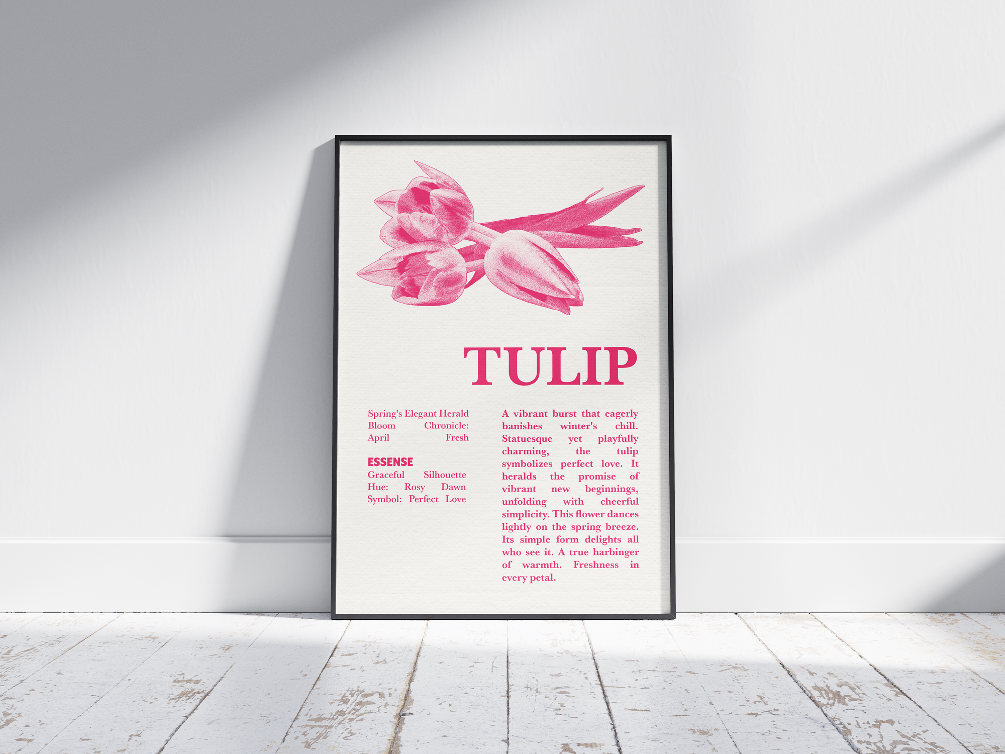 Vintage botanical tulip poster featuring a detailed flower illustration in soft red tones, printed on semi-gloss sustainable paper. Perfect wall art for living rooms, bedrooms, or modern interiors with a loving and natural aesthetic.