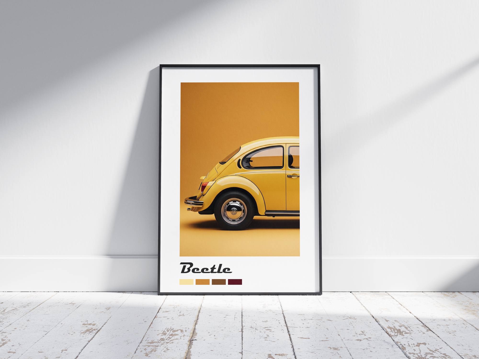 Charming Volkswagen Beetle car poster featuring a detailed classic illustration in vibrant tones, printed on semi-gloss sustainable paper. Perfect wall art for living rooms, kids' rooms, or modern interiors with a cheerful and nostalgic aesthetic.