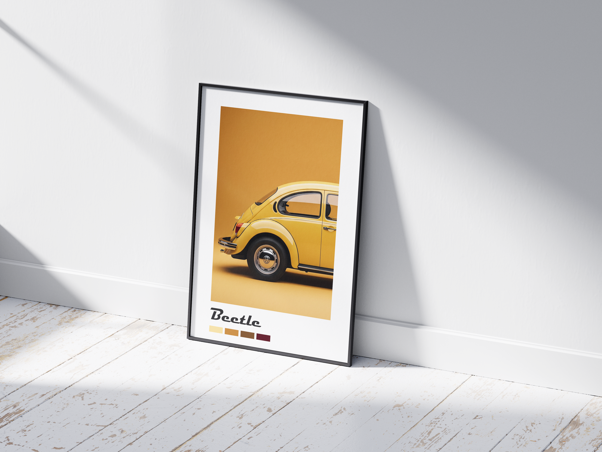 Charming Volkswagen Beetle car poster featuring a detailed classic illustration in vibrant tones, printed on semi-gloss sustainable paper. Perfect wall art for living rooms, kids' rooms, or modern interiors with a cheerful and nostalgic aesthetic.