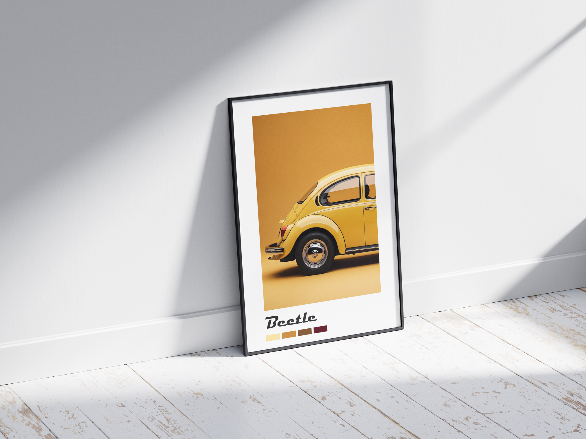 Charming Volkswagen Beetle car poster featuring a detailed classic illustration in vibrant tones, printed on semi-gloss sustainable paper. Perfect wall art for living rooms, kids' rooms, or modern interiors with a cheerful and nostalgic aesthetic.