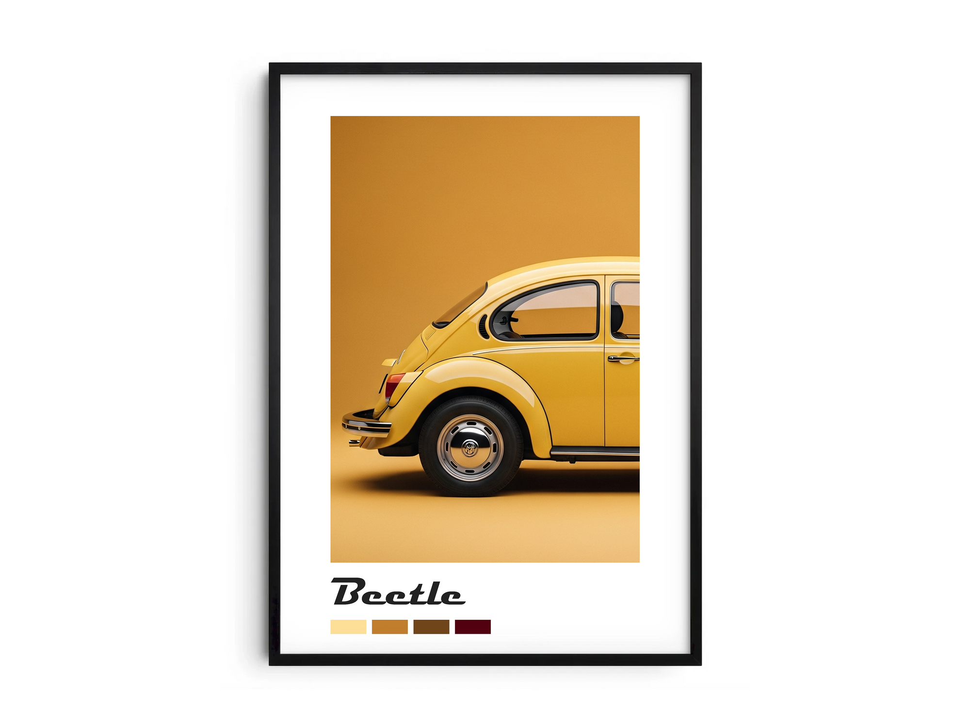 Charming Volkswagen Beetle car poster featuring a detailed classic illustration in vibrant tones, printed on semi-gloss sustainable paper. Perfect wall art for living rooms, kids' rooms, or modern interiors with a cheerful and nostalgic aesthetic.