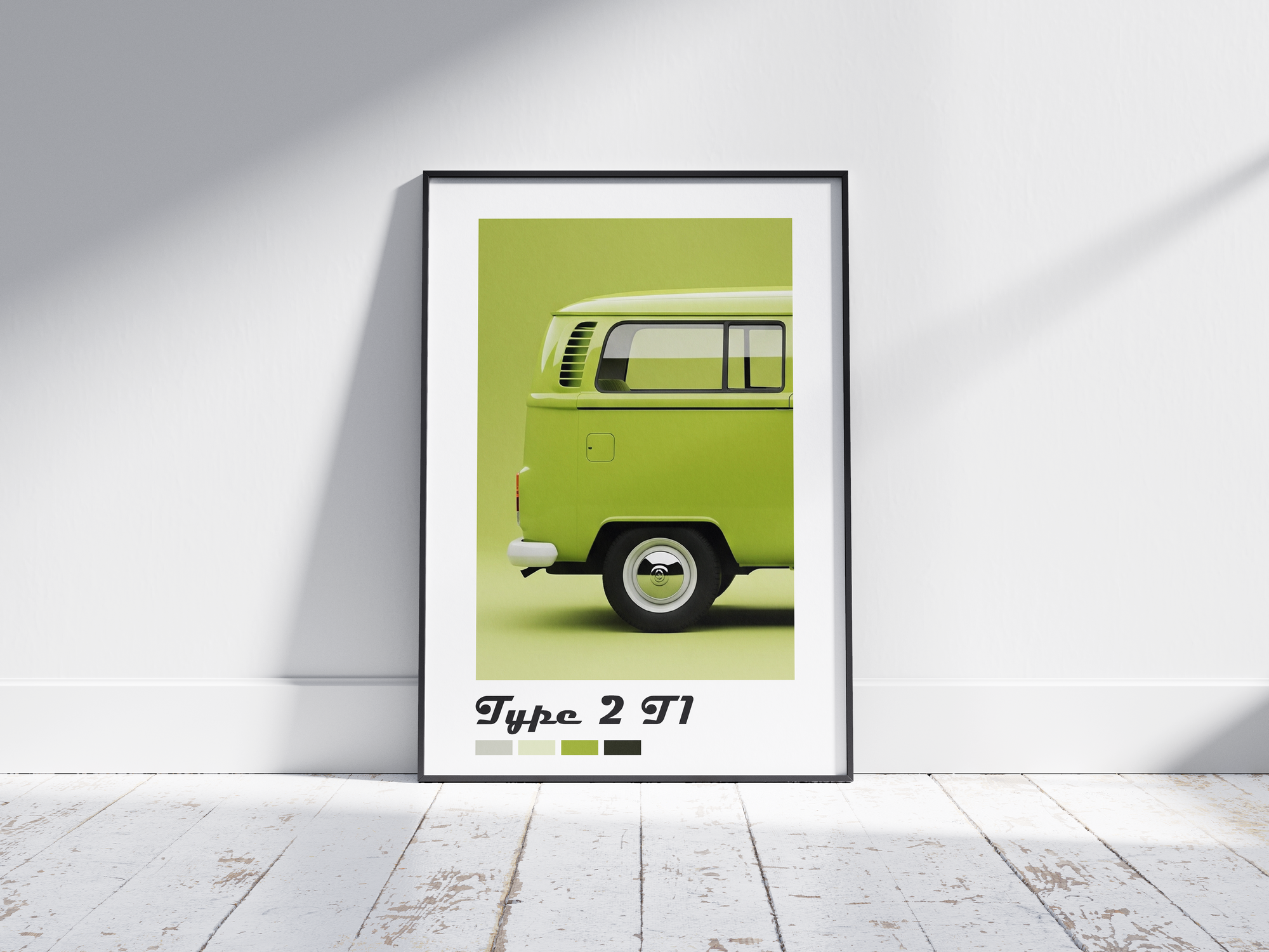 Charming Volkswagen Type 2 T1 car poster featuring a detailed vintage bus illustration in vibrant tones, printed on semi-gloss sustainable paper. Perfect wall art for living rooms, studios, or modern interiors with a retro and adventurous aesthetic.