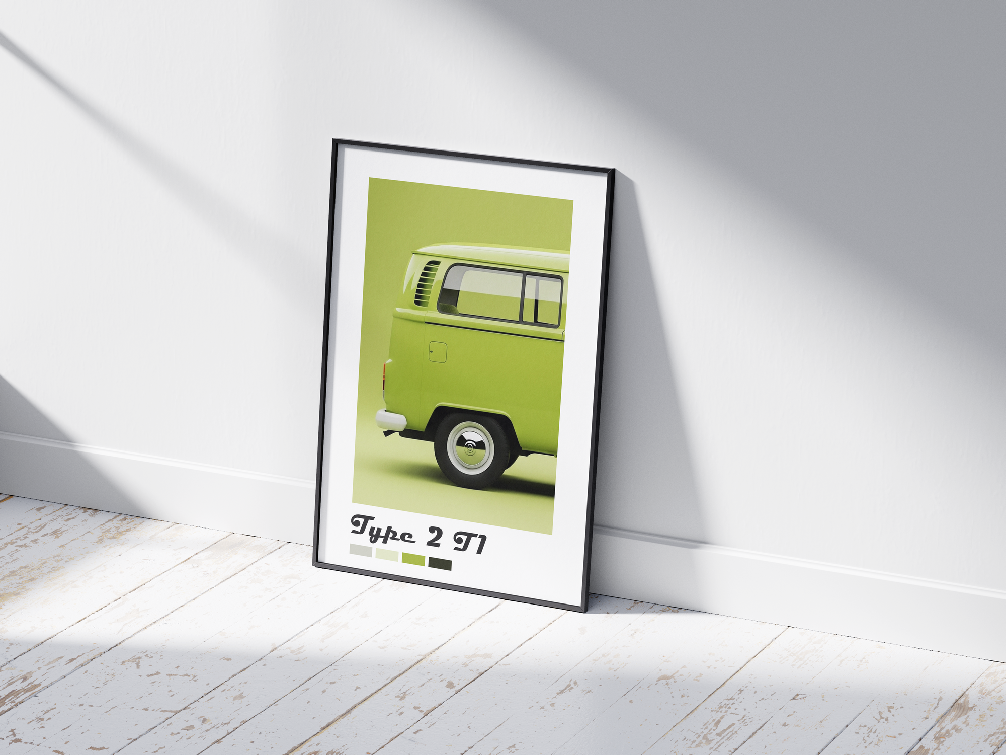 Charming Volkswagen Type 2 T1 car poster featuring a detailed vintage bus illustration in vibrant tones, printed on semi-gloss sustainable paper. Perfect wall art for living rooms, studios, or modern interiors with a retro and adventurous aesthetic.