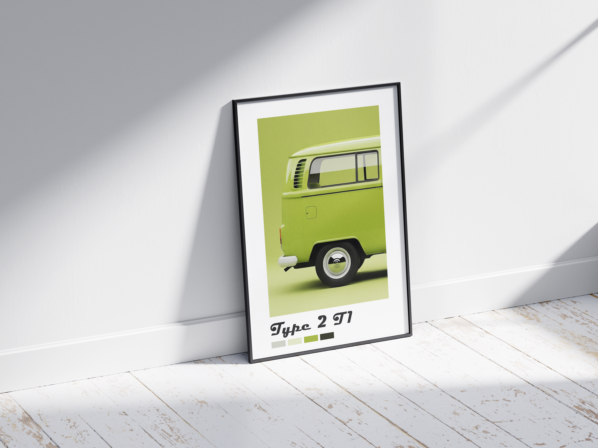 Charming Volkswagen Type 2 T1 car poster featuring a detailed vintage bus illustration in vibrant tones, printed on semi-gloss sustainable paper. Perfect wall art for living rooms, studios, or modern interiors with a retro and adventurous aesthetic.