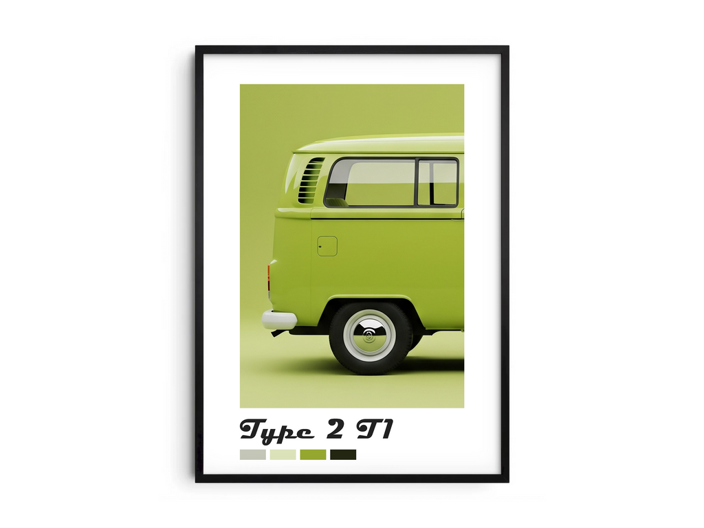 Charming Volkswagen Type 2 T1 car poster featuring a detailed vintage bus illustration in vibrant tones, printed on semi-gloss sustainable paper. Perfect wall art for living rooms, studios, or modern interiors with a retro and adventurous aesthetic.