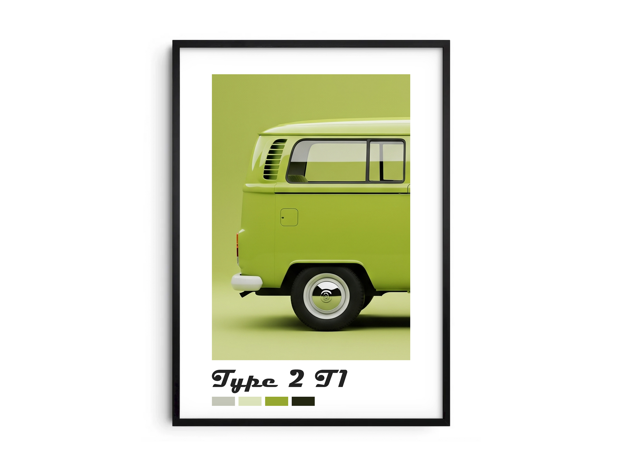 Charming Volkswagen Type 2 T1 car poster featuring a detailed vintage bus illustration in vibrant tones, printed on semi-gloss sustainable paper. Perfect wall art for living rooms, studios, or modern interiors with a retro and adventurous aesthetic.