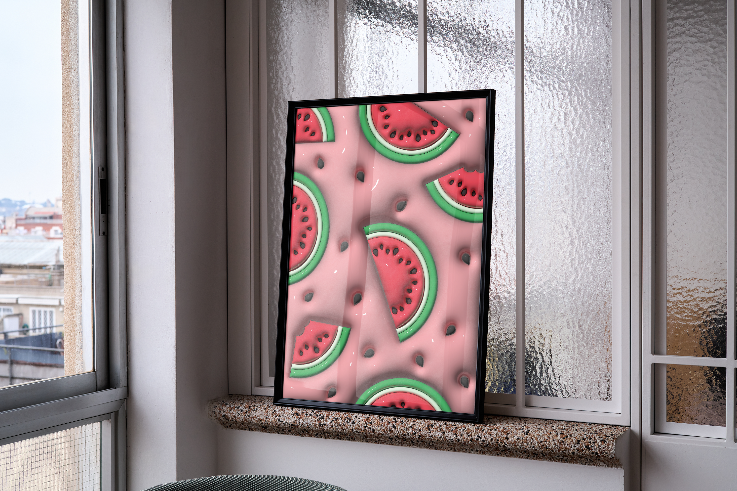 A framed poster with a black border, featuring a repetitive, stylized illustration of bright green and red watermelon slices embedded in a pink, slightly textured background. The poster is placed upright on a speckled windowsill against a window with frosted glass.