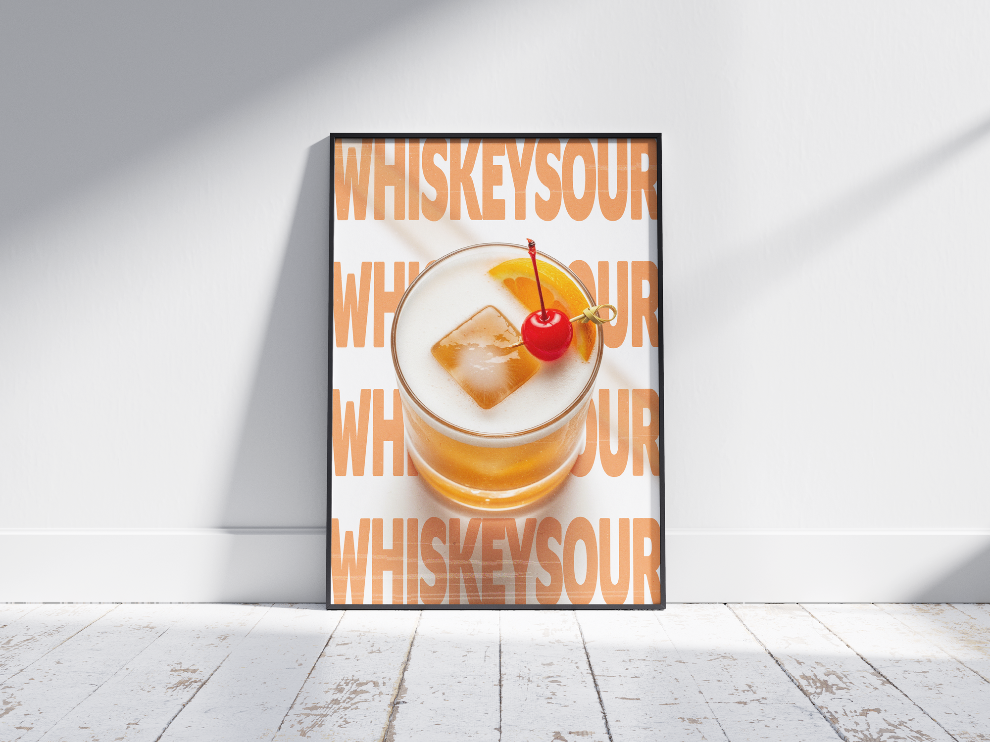 Classic Whiskey Sour cocktail poster featuring elegant typography and a vibrant drink illustration, printed on semi-gloss sustainable paper. Perfect wall art for kitchens, bar areas, or modern interiors with a zesty and sophisticated aesthetic.