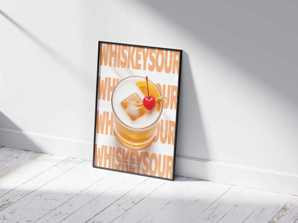 Classic Whiskey Sour cocktail poster featuring elegant typography and a vibrant drink illustration, printed on semi-gloss sustainable paper. Perfect wall art for kitchens, bar areas, or modern interiors with a zesty and sophisticated aesthetic.