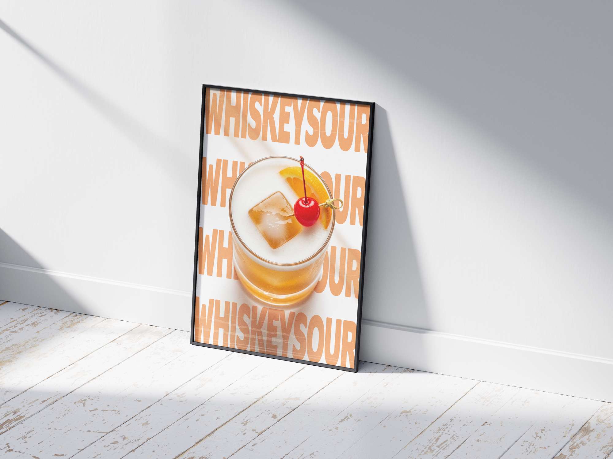 Classic Whiskey Sour cocktail poster featuring elegant typography and a vibrant drink illustration, printed on semi-gloss sustainable paper. Perfect wall art for kitchens, bar areas, or modern interiors with a zesty and sophisticated aesthetic.