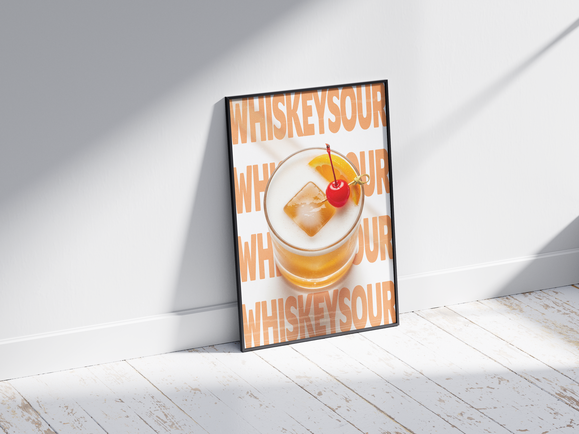 Classic Whiskey Sour cocktail poster featuring elegant typography and a vibrant drink illustration, printed on semi-gloss sustainable paper. Perfect wall art for kitchens, bar areas, or modern interiors with a zesty and sophisticated aesthetic.