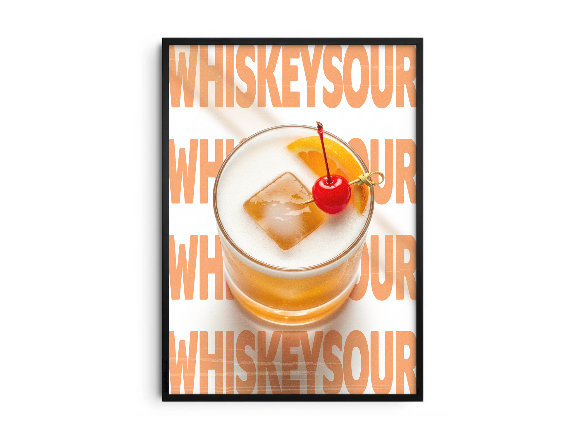 Classic Whiskey Sour cocktail poster featuring elegant typography and a vibrant drink illustration, printed on semi-gloss sustainable paper. Perfect wall art for kitchens, bar areas, or modern interiors with a zesty and sophisticated aesthetic.