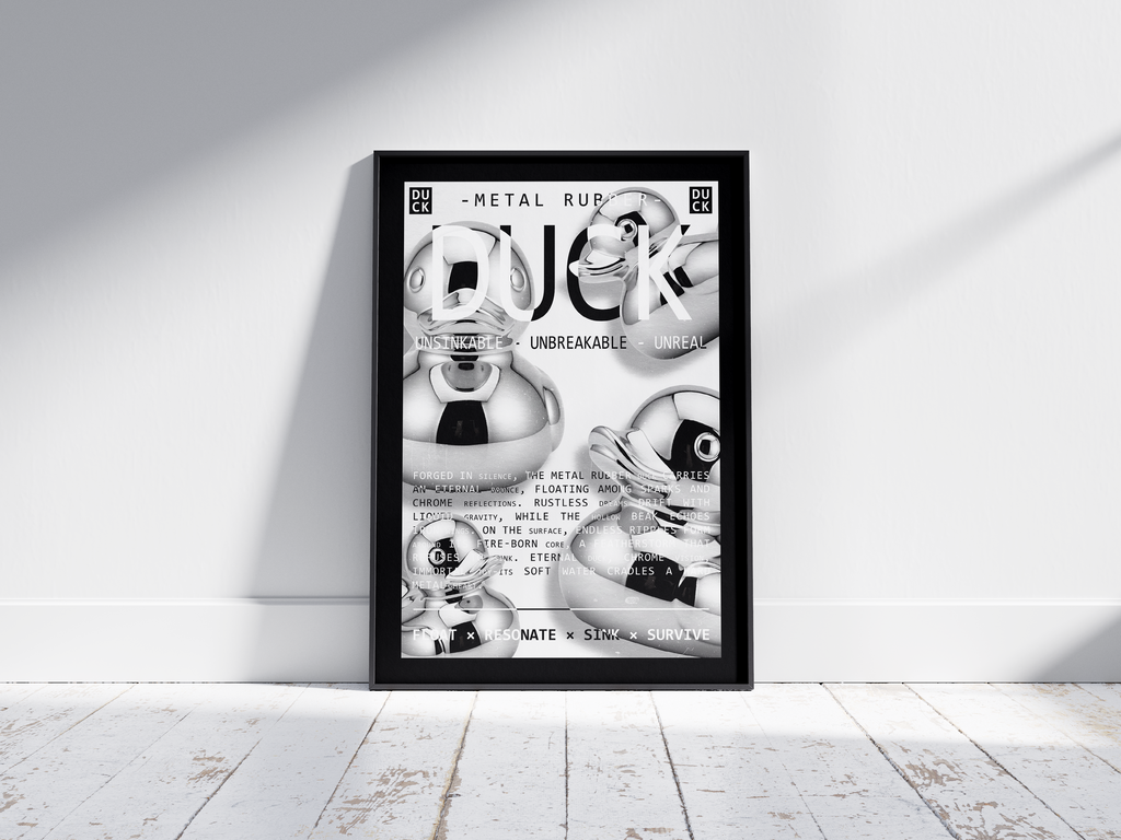 Vibrant metallic rubber duck poster featuring a glossy and reflective illustration in various colors. This modern pop art print is perfect for adding a bold and playful statement to living rooms, offices, or minimalist interiors.