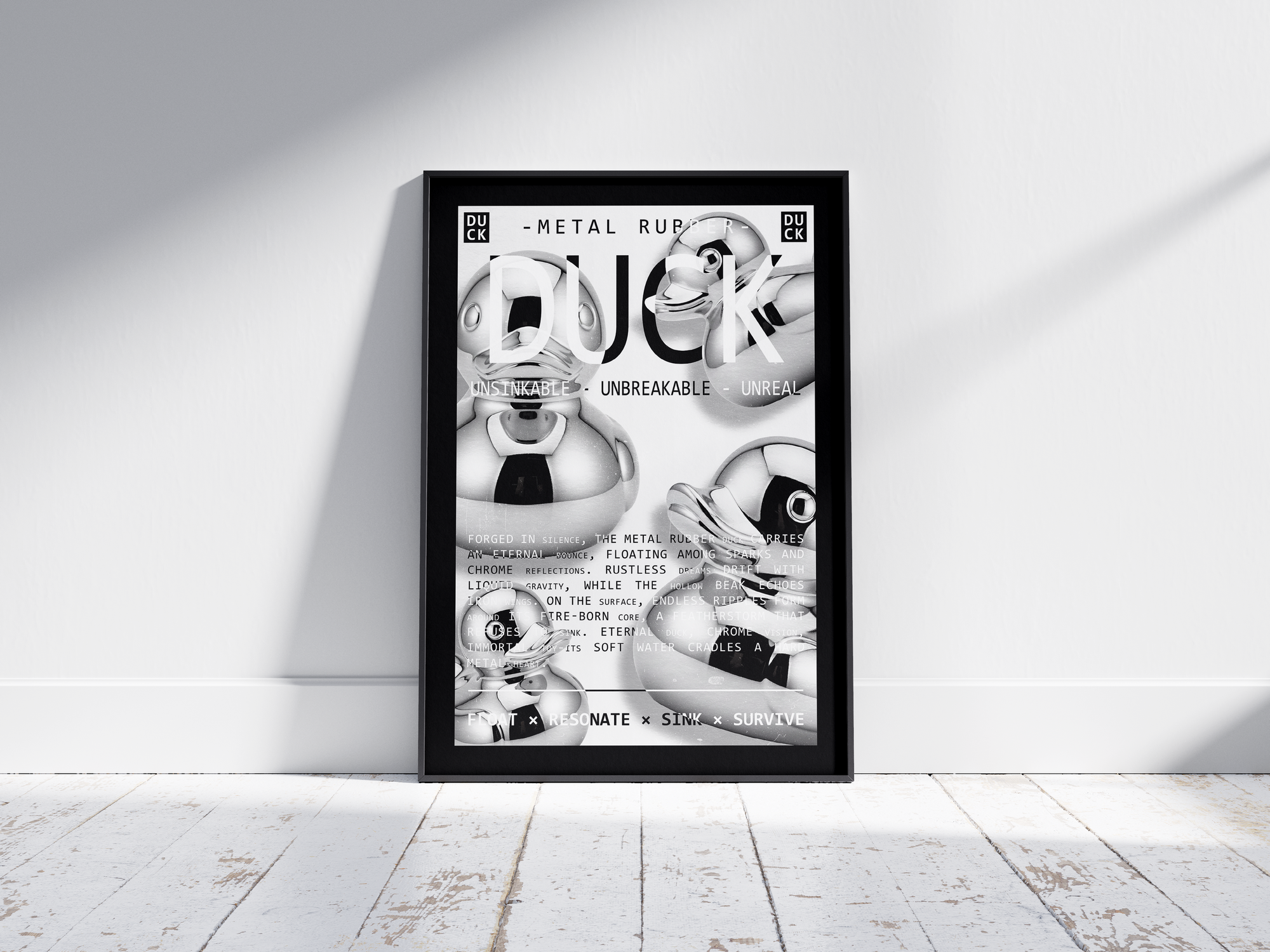 Vibrant metallic rubber duck poster featuring a glossy and reflective illustration in various colors. This modern pop art print is perfect for adding a bold and playful statement to living rooms, offices, or minimalist interiors.