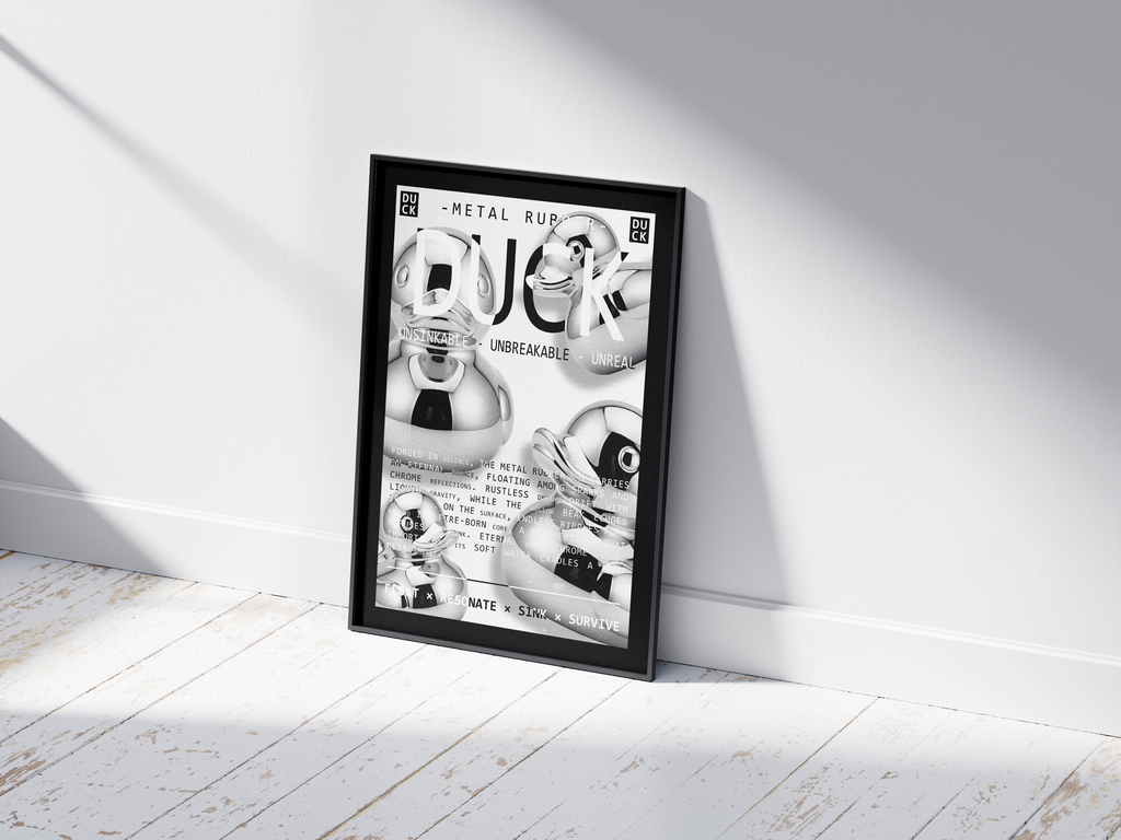 Vibrant metallic rubber duck poster featuring a glossy and reflective illustration in various colors. This modern pop art print is perfect for adding a bold and playful statement to living rooms, offices, or minimalist interiors.