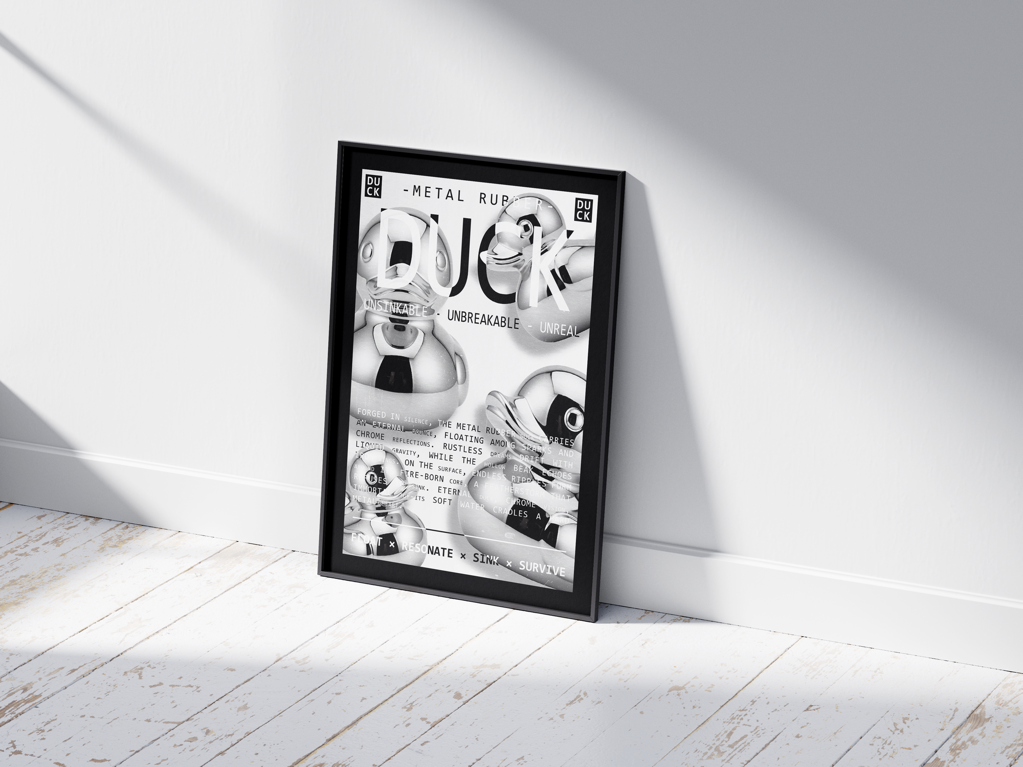 Vibrant metallic rubber duck poster featuring a glossy and reflective illustration in various colors. This modern pop art print is perfect for adding a bold and playful statement to living rooms, offices, or minimalist interiors.
