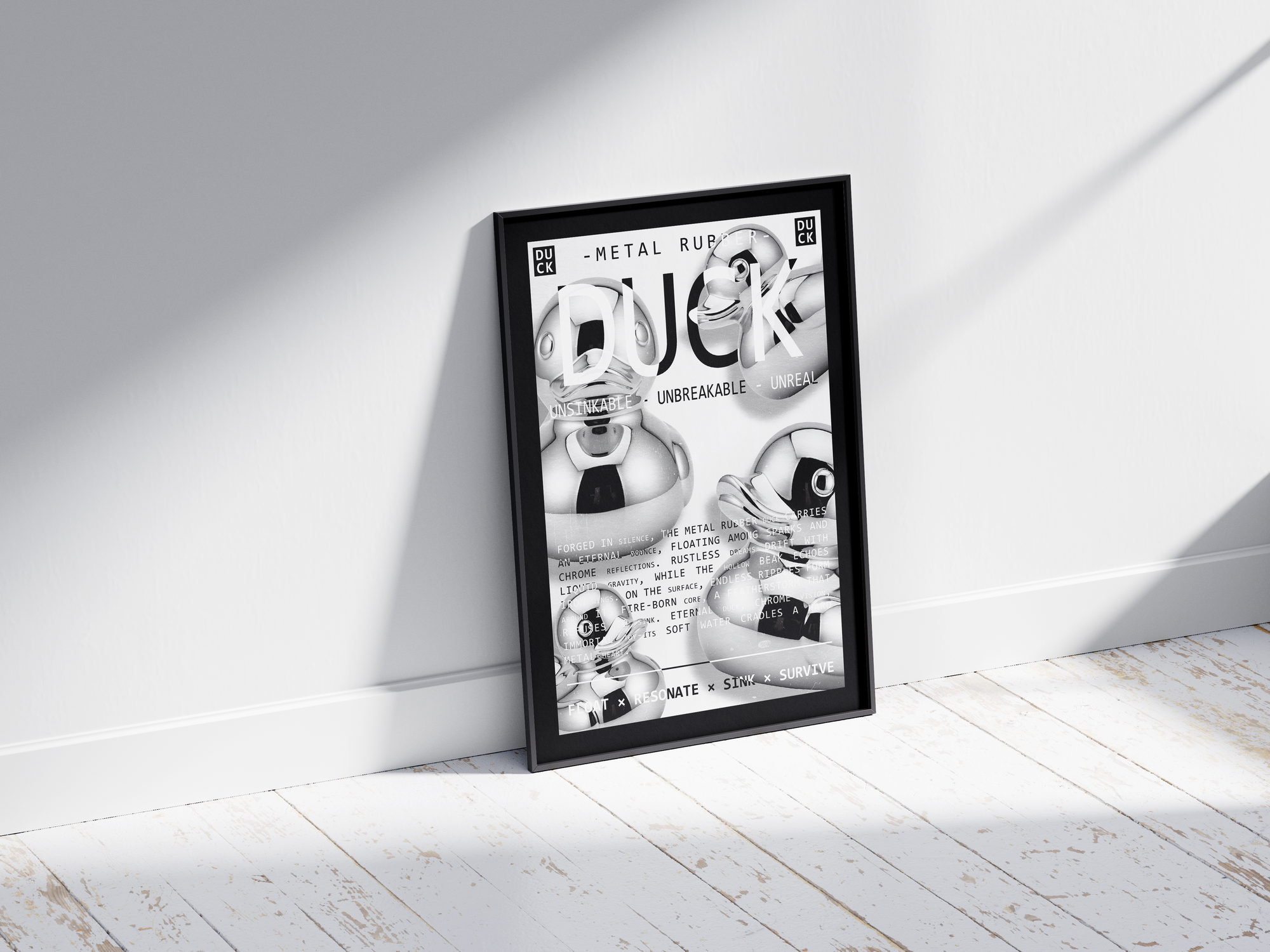 Vibrant metallic rubber duck poster featuring a glossy and reflective illustration in various colors. This modern pop art print is perfect for adding a bold and playful statement to living rooms, offices, or minimalist interiors.