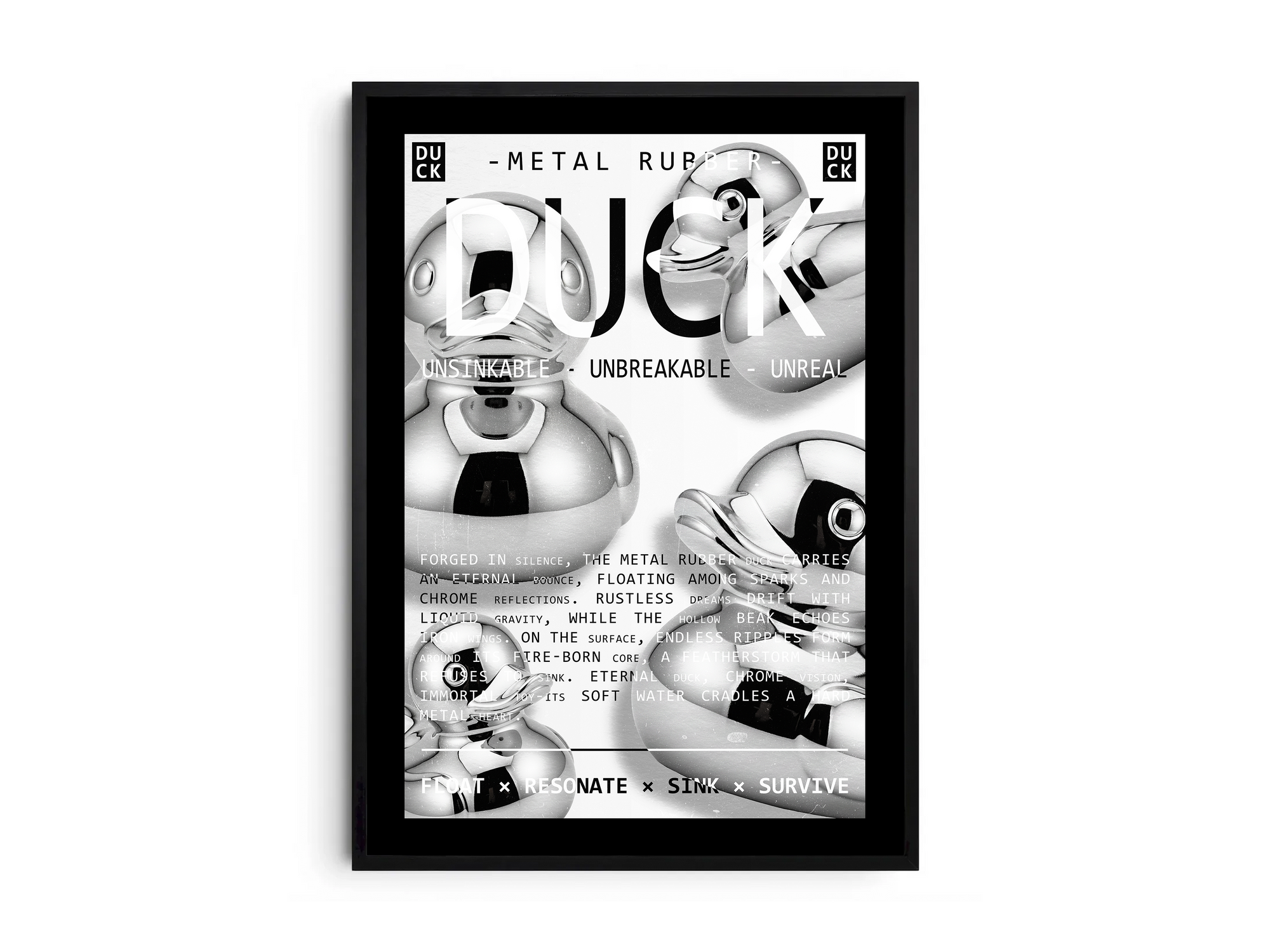 Vibrant metallic rubber duck poster featuring a glossy and reflective illustration in various colors. This modern pop art print is perfect for adding a bold and playful statement to living rooms, offices, or minimalist interiors.