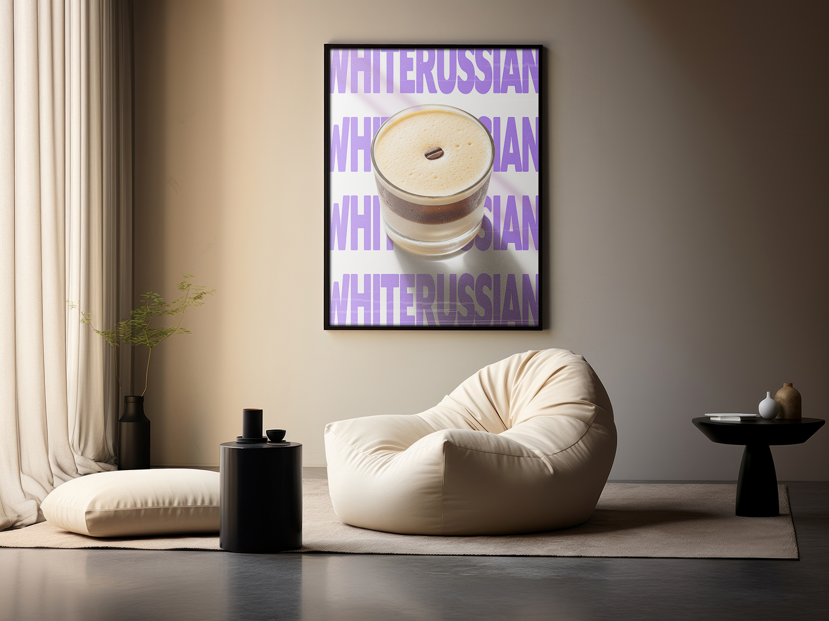 Framed poster featuring a close-up of a White Russian cocktail with repeating 'WHITERUSSIAN' text in purple, situated in a minimalist living space with a bean bag chair.