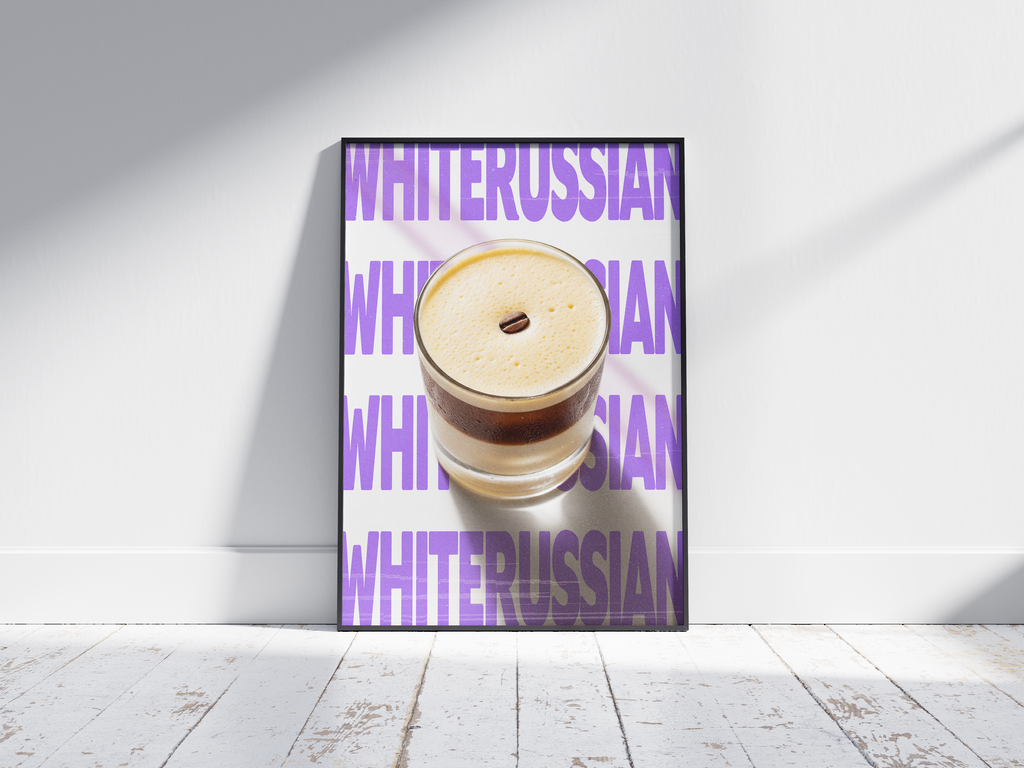Classic White Russian cocktail poster featuring elegant typography and a creamy drink illustration, printed on semi-gloss sustainable paper. Perfect wall art for living rooms, bar areas, or modern interiors with a cozy and sophisticated aesthetic.