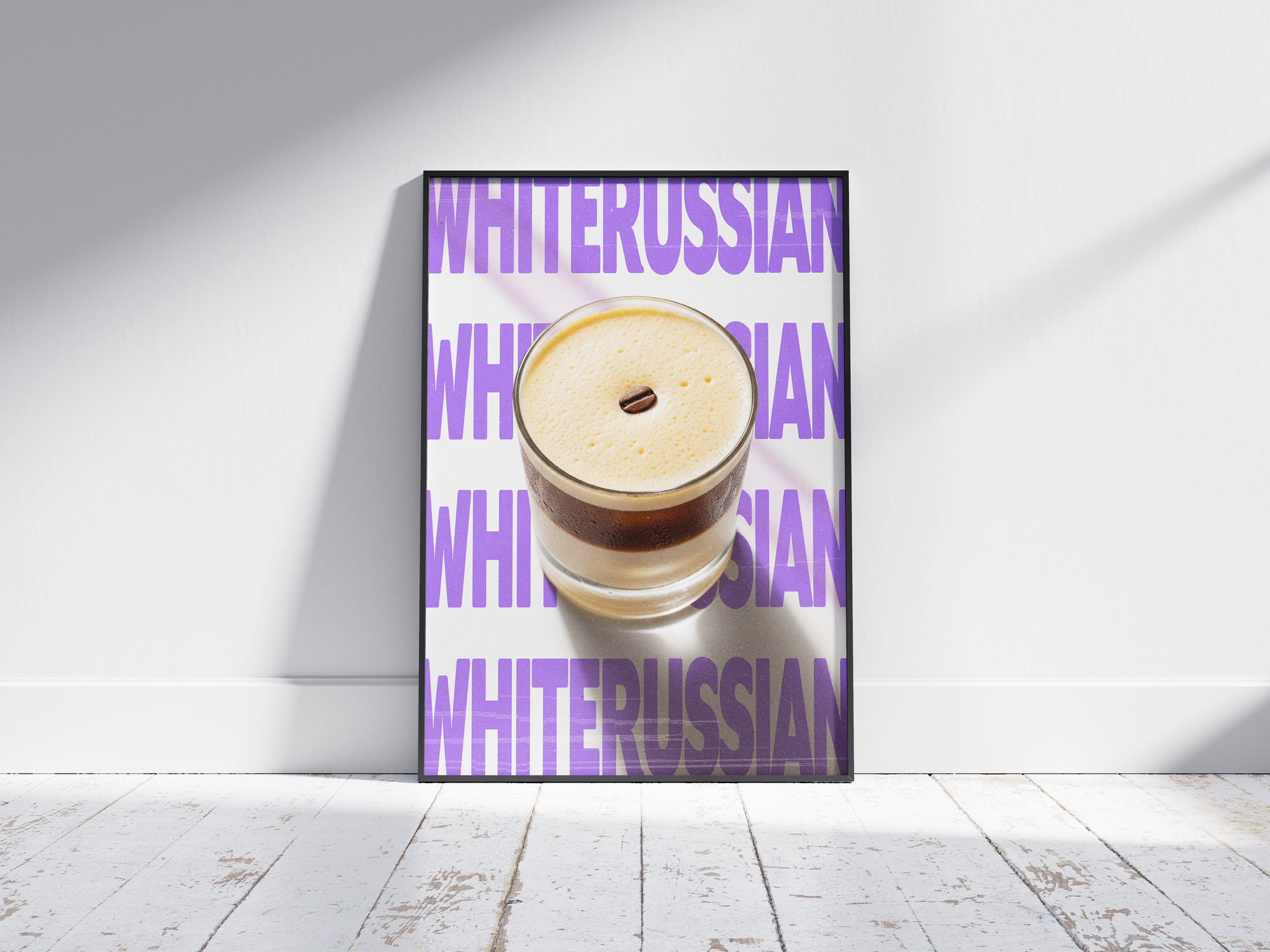 Classic White Russian cocktail poster featuring elegant typography and a creamy drink illustration, printed on semi-gloss sustainable paper. Perfect wall art for living rooms, bar areas, or modern interiors with a cozy and sophisticated aesthetic.