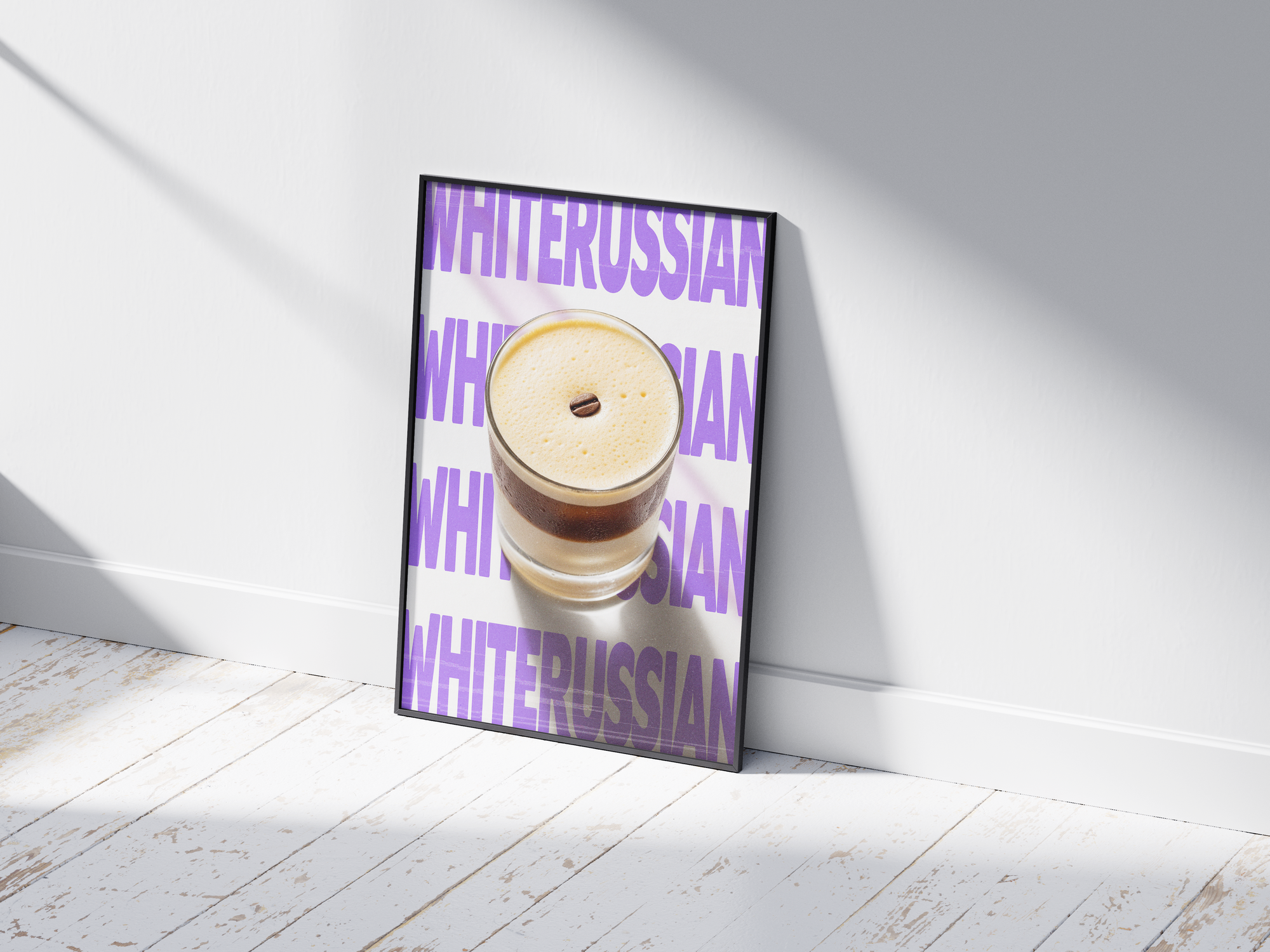 Classic White Russian cocktail poster featuring elegant typography and a creamy drink illustration, printed on semi-gloss sustainable paper. Perfect wall art for living rooms, bar areas, or modern interiors with a cozy and sophisticated aesthetic.