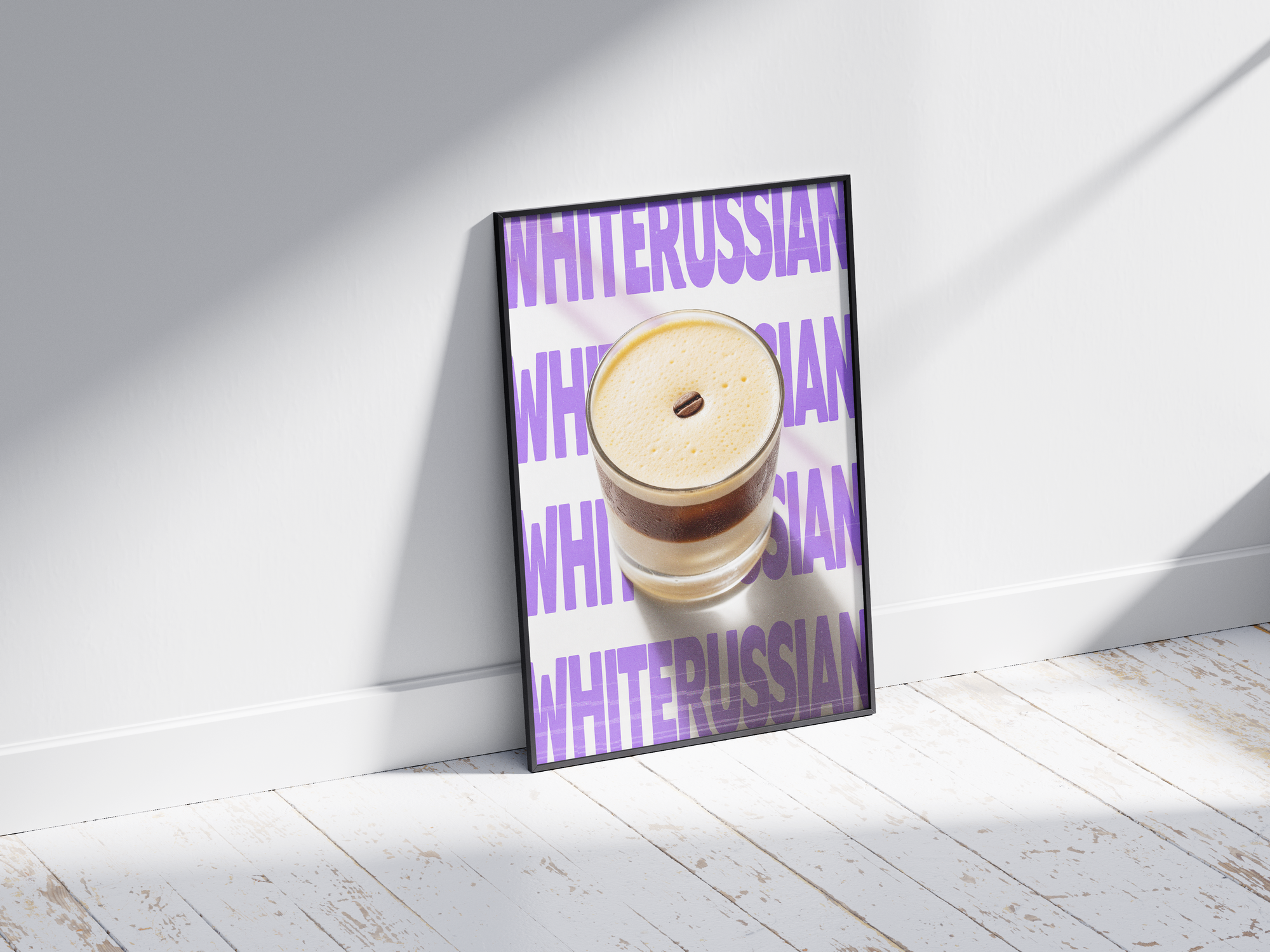 Classic White Russian cocktail poster featuring elegant typography and a creamy drink illustration, printed on semi-gloss sustainable paper. Perfect wall art for living rooms, bar areas, or modern interiors with a cozy and sophisticated aesthetic.