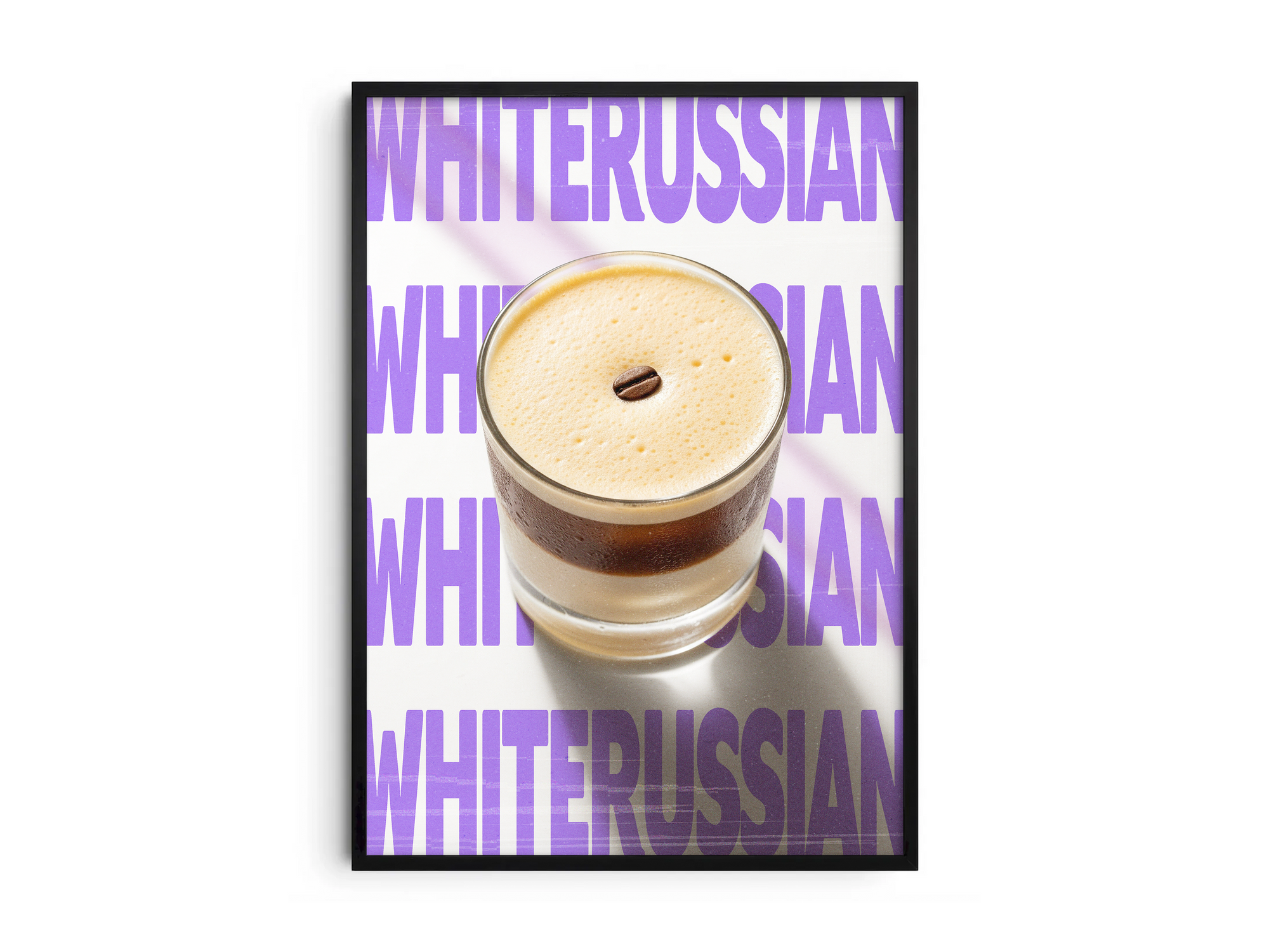 Classic White Russian cocktail poster featuring elegant typography and a creamy drink illustration, printed on semi-gloss sustainable paper. Perfect wall art for living rooms, bar areas, or modern interiors with a cozy and sophisticated aesthetic.