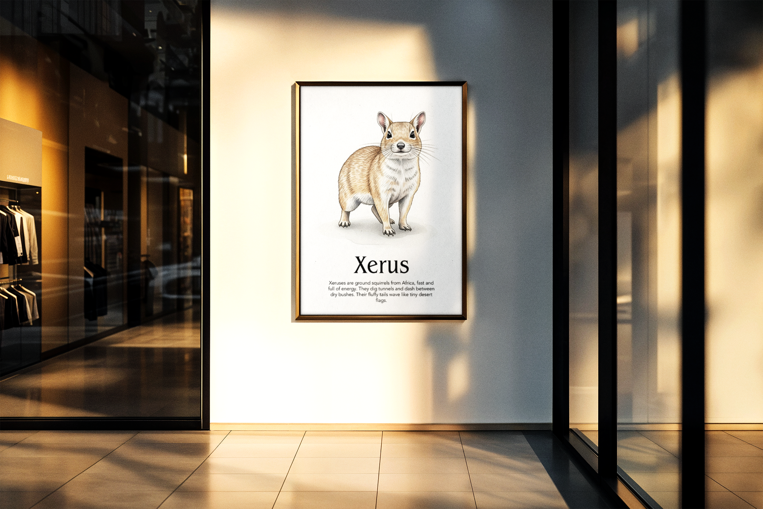 A gold-framed vertical poster mockup featuring a watercolor illustration of a Xerus with the title "Xerus" and a brief description, displayed on a white wall in a modern, sunny space with large windows and a tiled floor, likely a gallery or storefront, during golden hour.