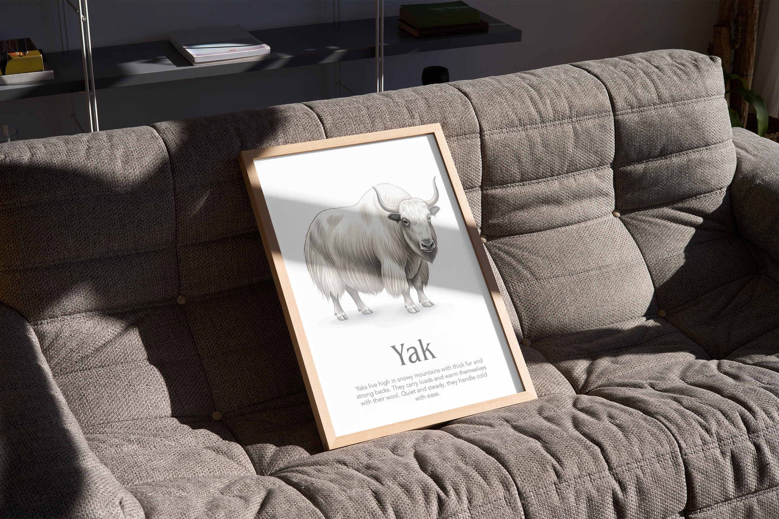 A light wood-framed vertical poster mockup featuring an illustration of a white Yak with the title "Yak" and a brief description, resting on a textured gray couch.