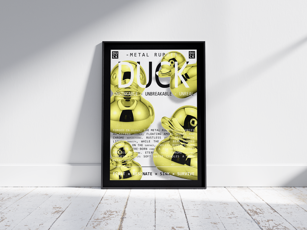 Vibrant metallic rubber duck poster featuring a glossy and reflective illustration in various colors. This modern pop art print is perfect for adding a bold and playful statement to living rooms, offices, or minimalist interiors.