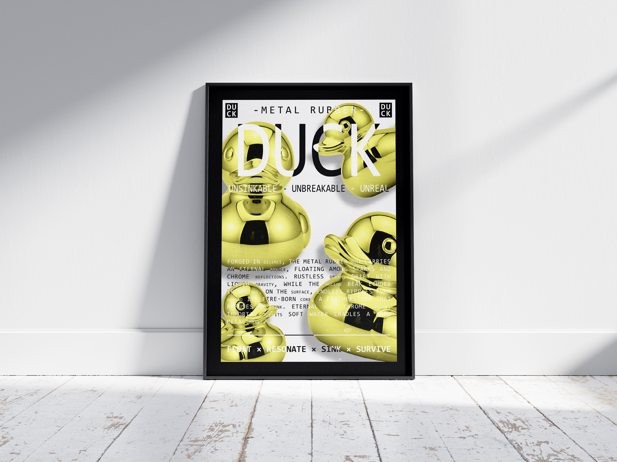 Vibrant metallic rubber duck poster featuring a glossy and reflective illustration in various colors. This modern pop art print is perfect for adding a bold and playful statement to living rooms, offices, or minimalist interiors.