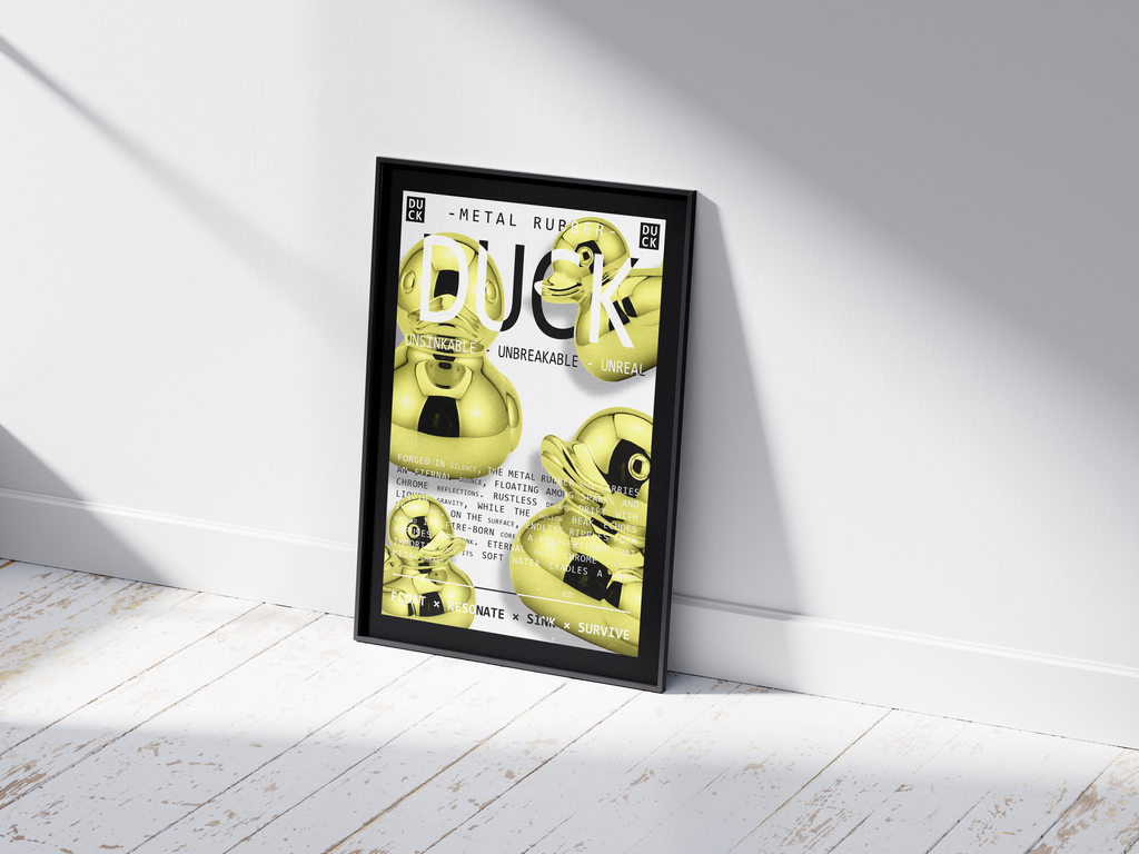 Vibrant metallic rubber duck poster featuring a glossy and reflective illustration in various colors. This modern pop art print is perfect for adding a bold and playful statement to living rooms, offices, or minimalist interiors.