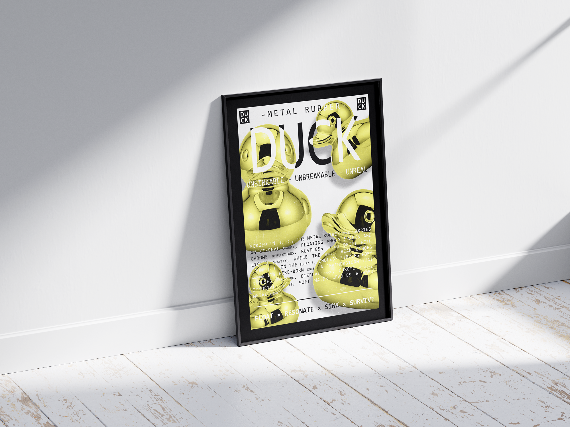 Vibrant metallic rubber duck poster featuring a glossy and reflective illustration in various colors. This modern pop art print is perfect for adding a bold and playful statement to living rooms, offices, or minimalist interiors.