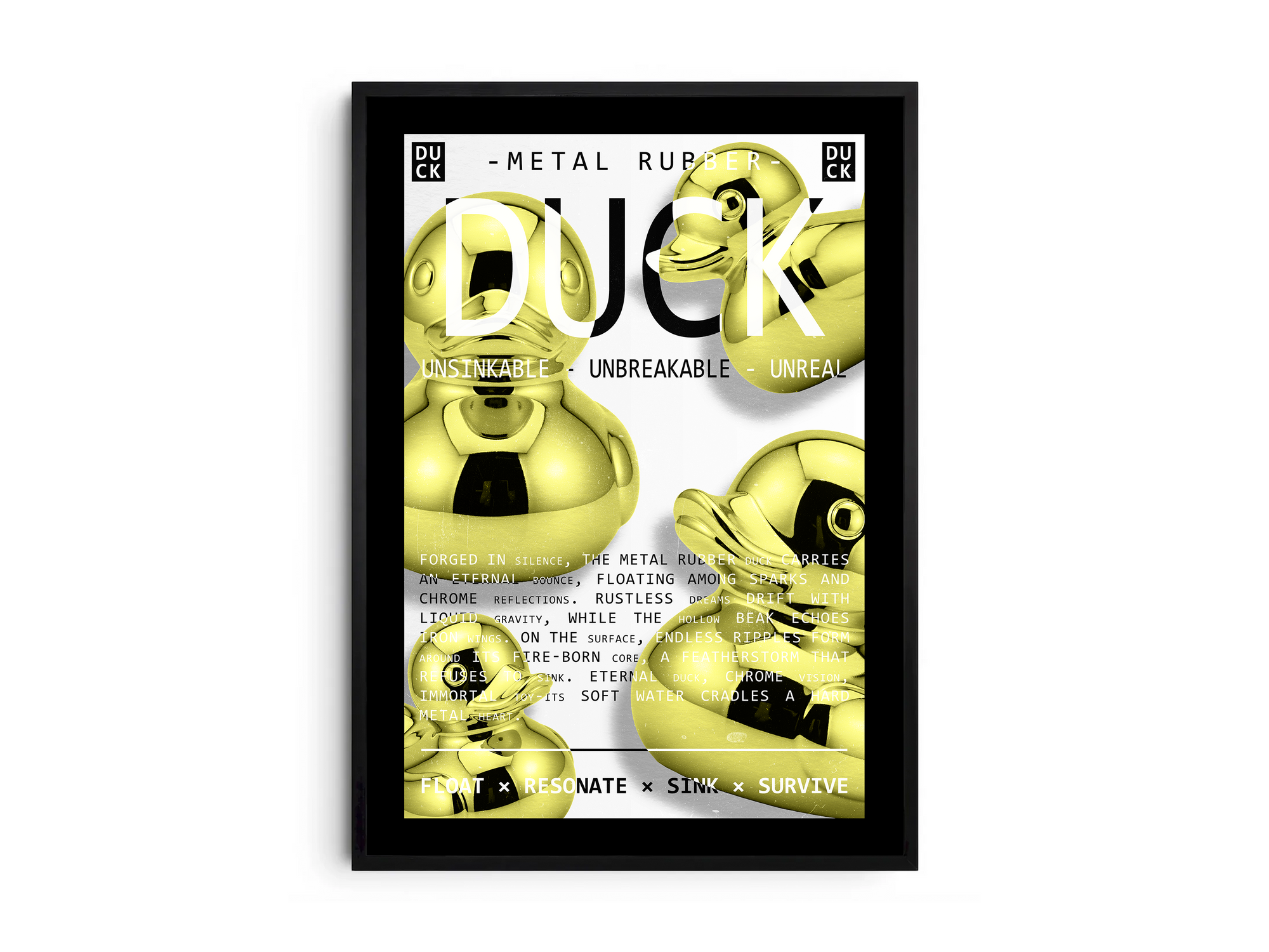 Vibrant metallic rubber duck poster featuring a glossy and reflective illustration in various colors. This modern pop art print is perfect for adding a bold and playful statement to living rooms, offices, or minimalist interiors.