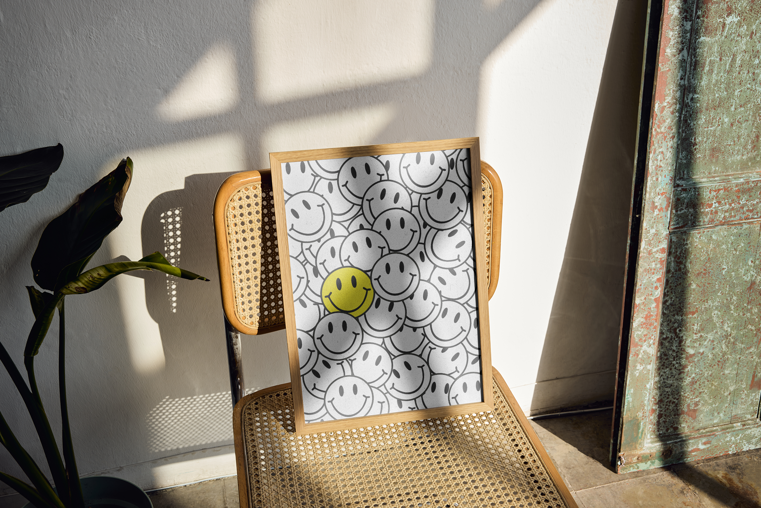 A wood-framed poster with a busy pattern of overlapping, grayscale smiley faces, highlighted by one contrasting yellow smiley face in the center, resting on a cane (rattan) chair in sunlit corner.