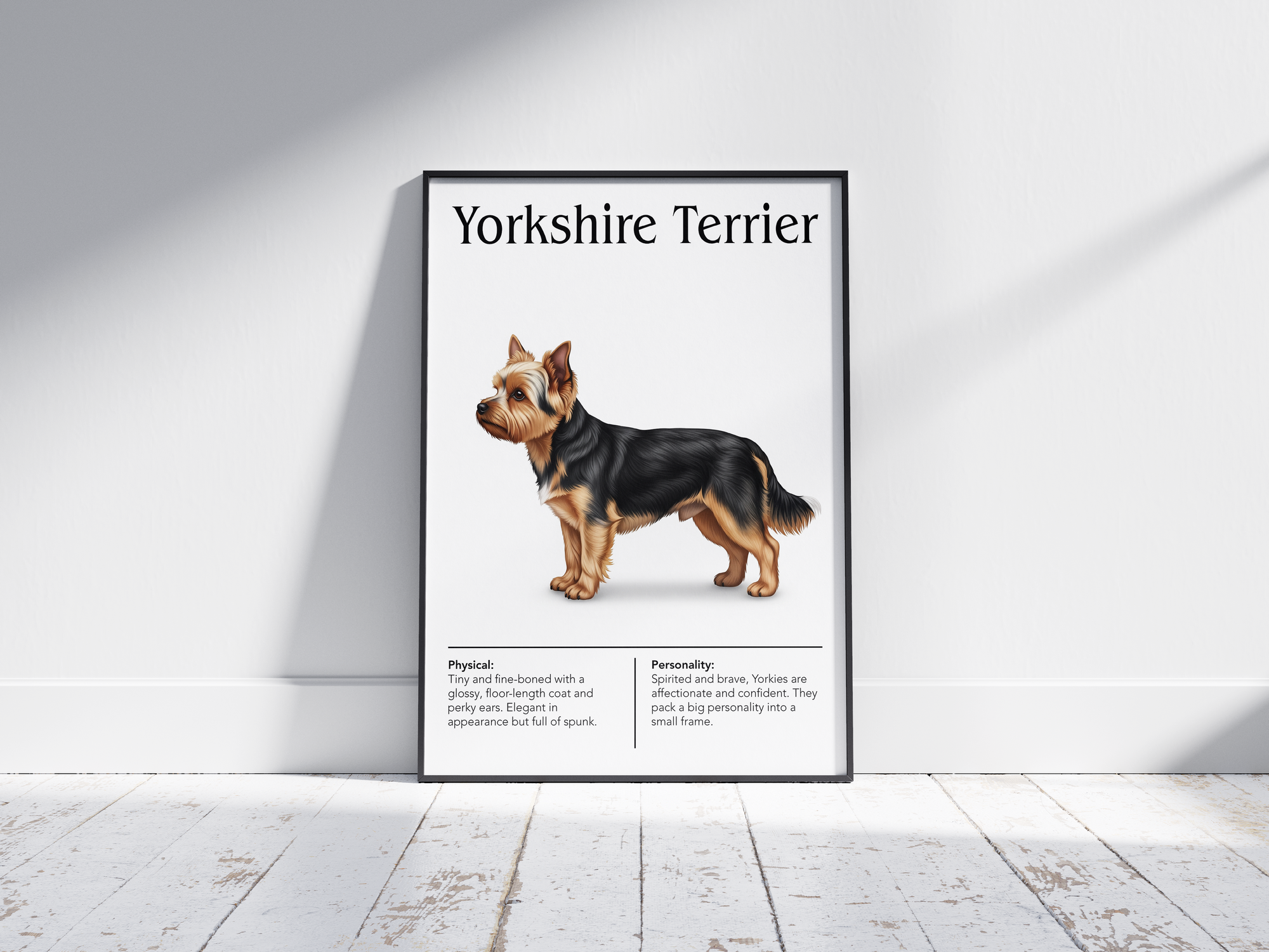 Detailed Yorkshire Terrier dog breed poster showcasing its silky coat and confident, affectionate personality traits, printed on semi-gloss sustainable paper. Perfect wall art for living rooms, bedrooms, or modern interiors with an elegant and spirited aesthetic.