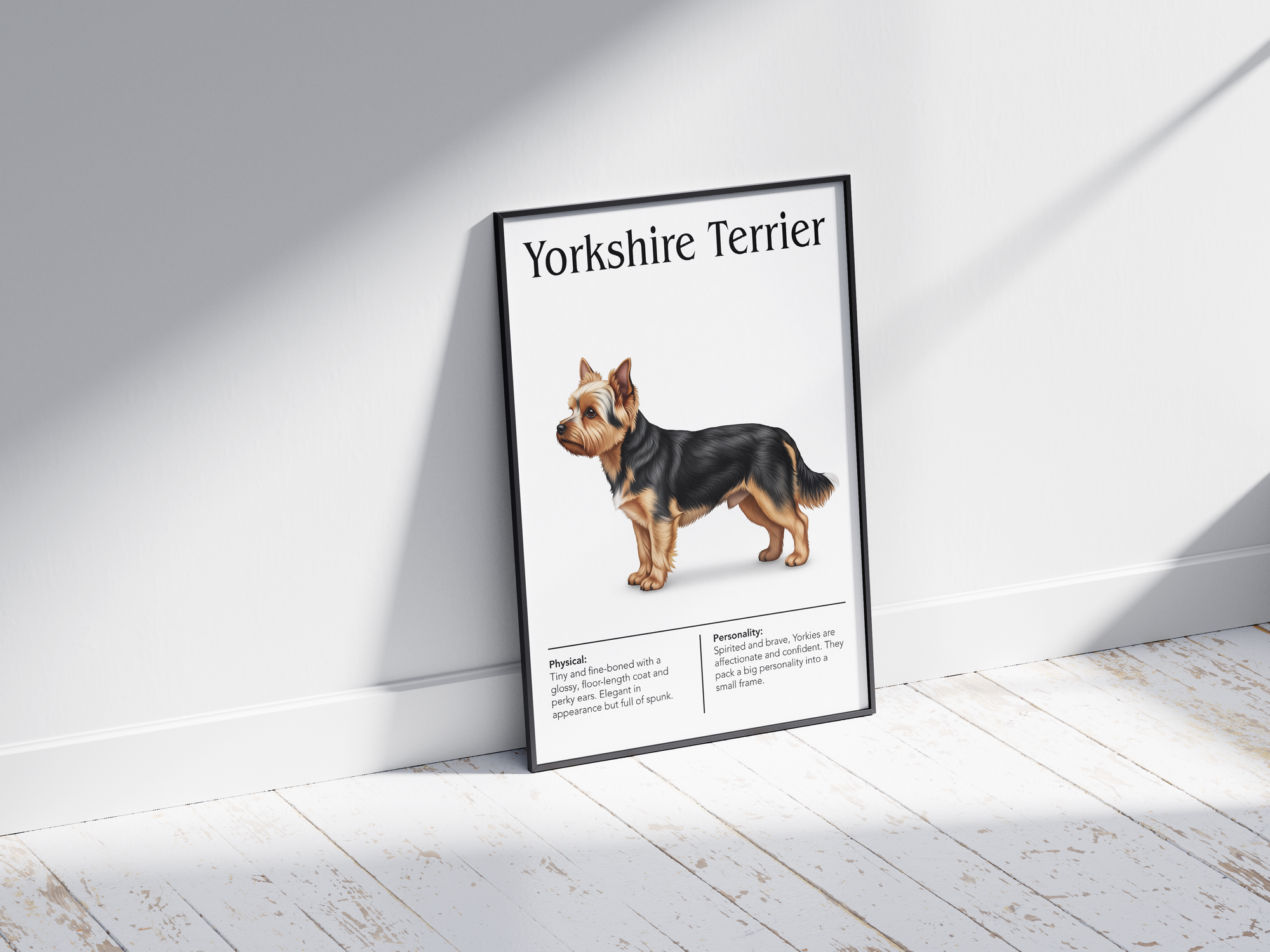 Detailed Yorkshire Terrier dog breed poster showcasing its silky coat and confident, affectionate personality traits, printed on semi-gloss sustainable paper. Perfect wall art for living rooms, bedrooms, or modern interiors with an elegant and spirited aesthetic.