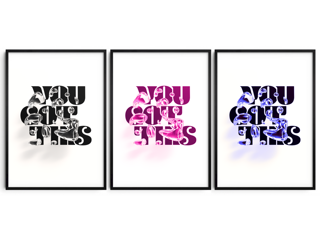 Motivational "You Got This" poster in a minimalist design, featuring dynamic text on semi-gloss paper. Perfect wall art for inspiring home offices, bedrooms, or any space needing a positive affirmation. Available in pink, black and white, or blue.