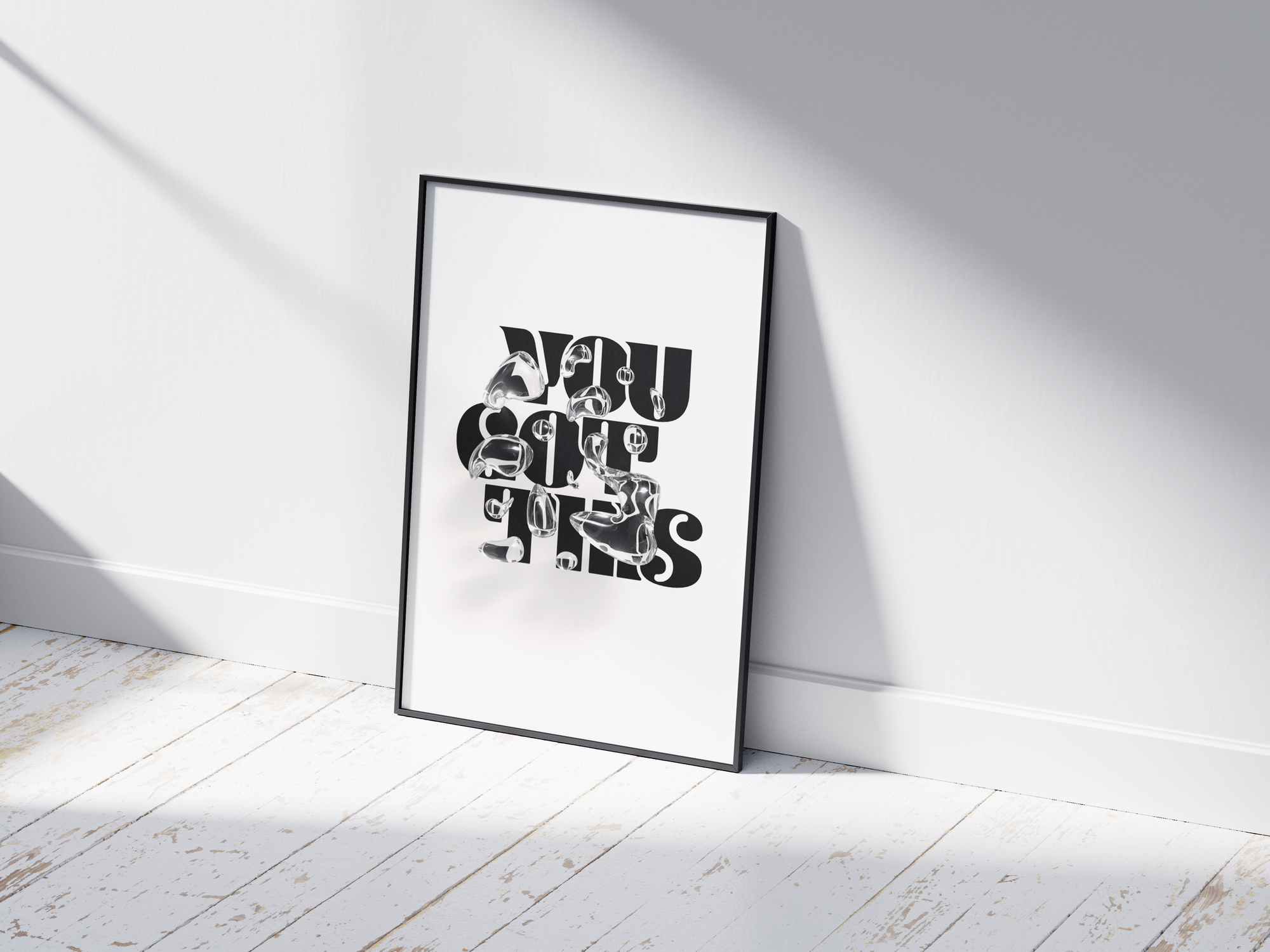 Motivational "You Got This" poster in a minimalist design, featuring dynamic text on semi-gloss paper. Perfect wall art for inspiring home offices, bedrooms, or any space needing a positive affirmation. Available in pink, black and white, or blue.