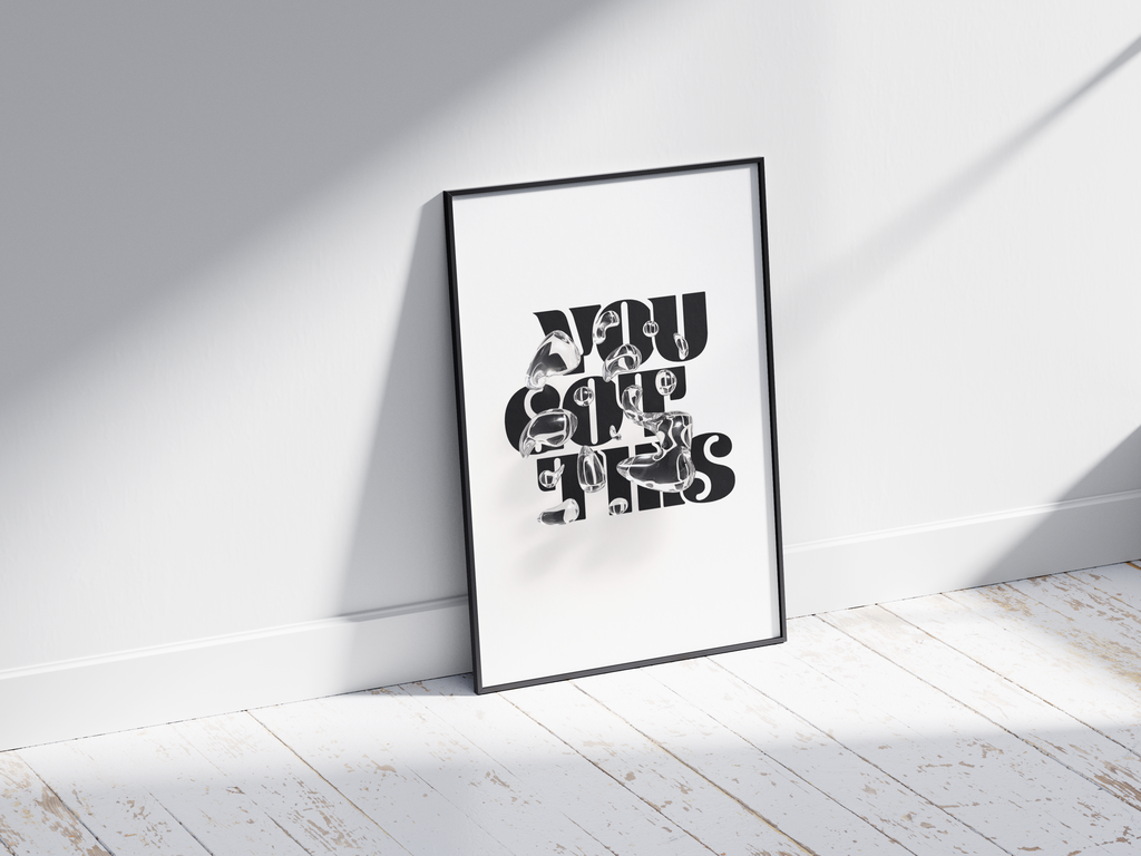 Motivational "You Got This" poster in a minimalist design, featuring dynamic text on semi-gloss paper. Perfect wall art for inspiring home offices, bedrooms, or any space needing a positive affirmation. Available in pink, black and white, or blue.