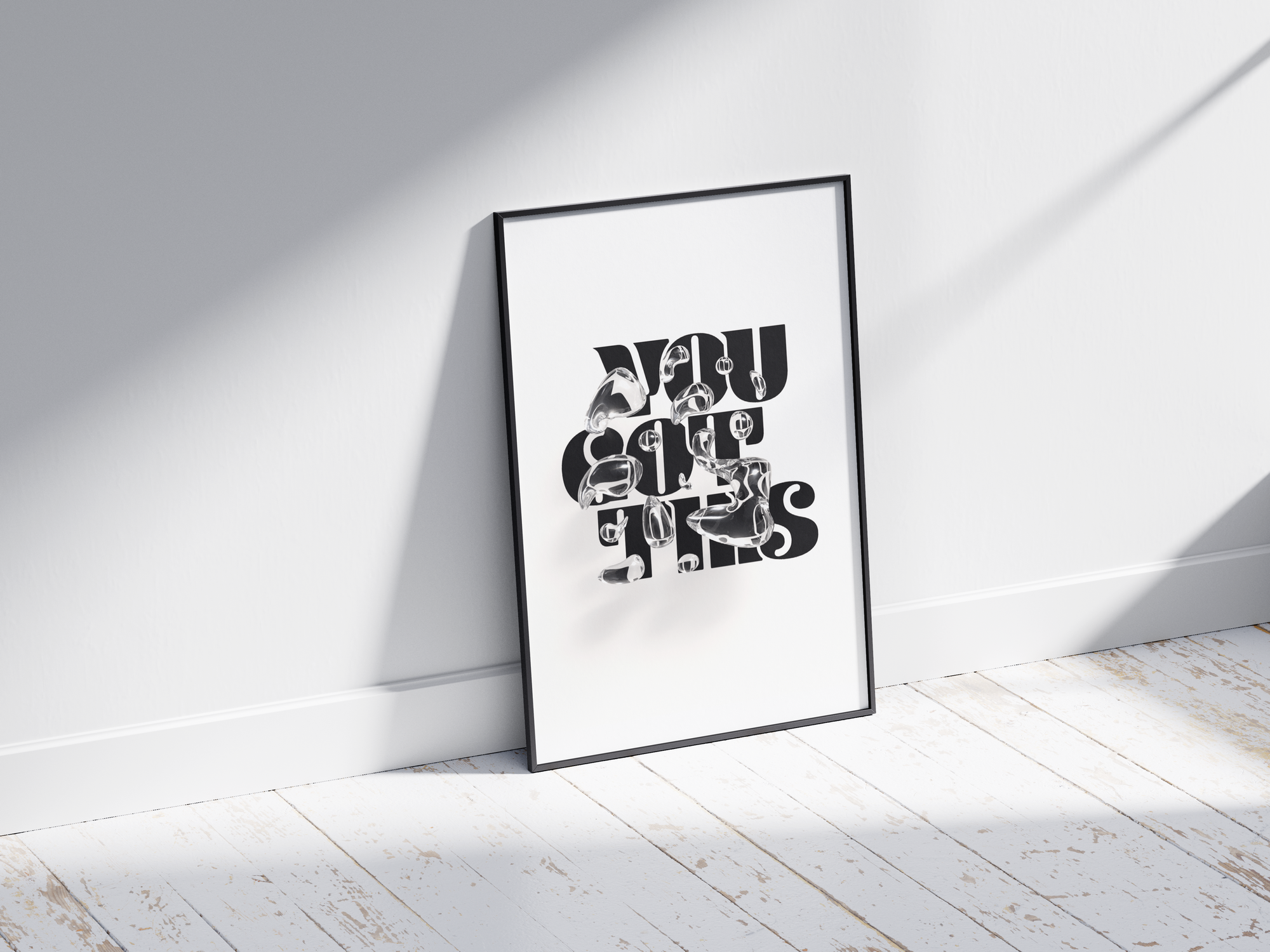 Motivational "You Got This" poster in a minimalist design, featuring dynamic text on semi-gloss paper. Perfect wall art for inspiring home offices, bedrooms, or any space needing a positive affirmation. Available in pink, black and white, or blue.