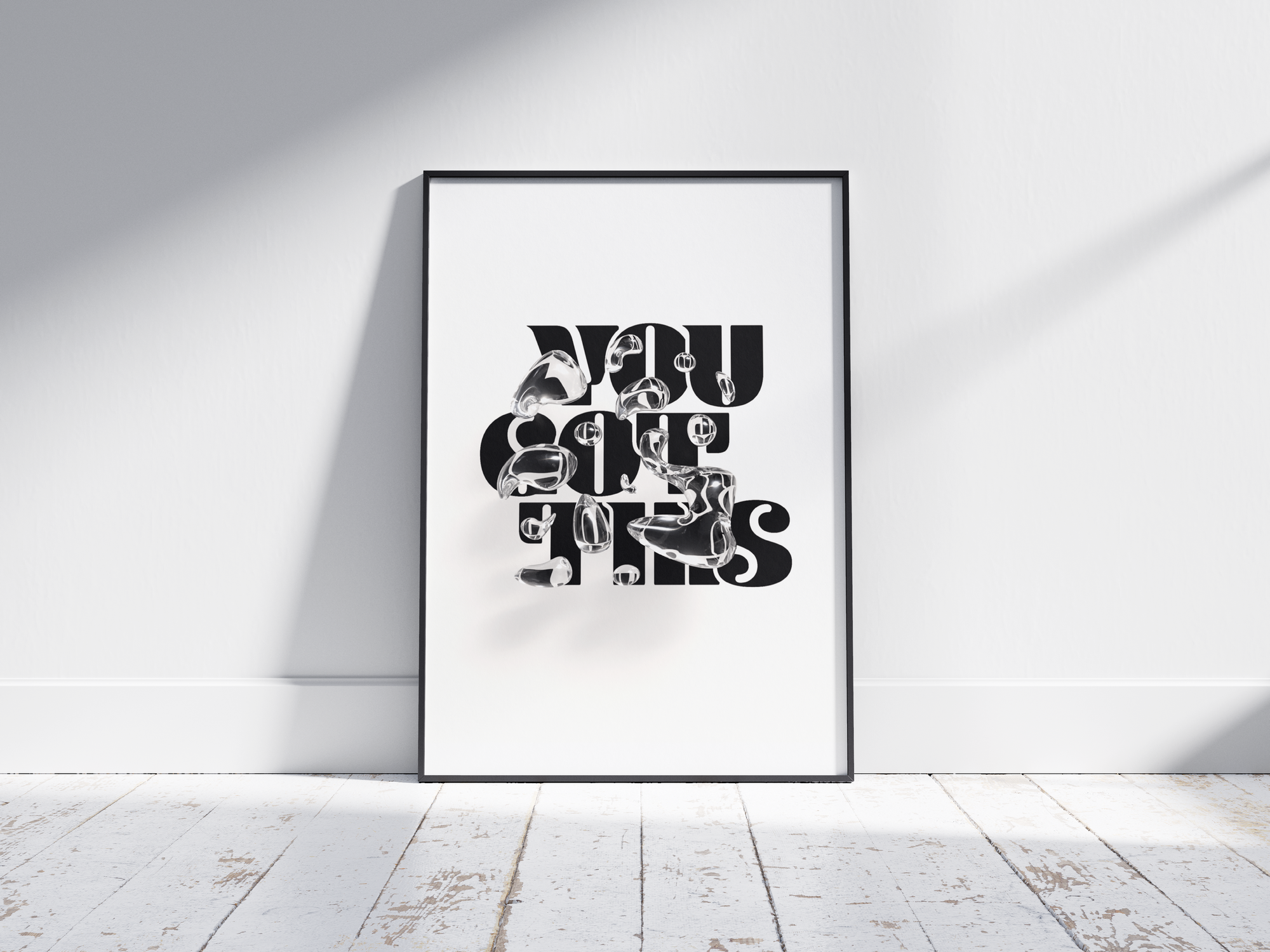 Motivational "You Got This" poster in a minimalist design, featuring dynamic text on semi-gloss paper. Perfect wall art for inspiring home offices, bedrooms, or any space needing a positive affirmation. Available in pink, black and white, or blue.