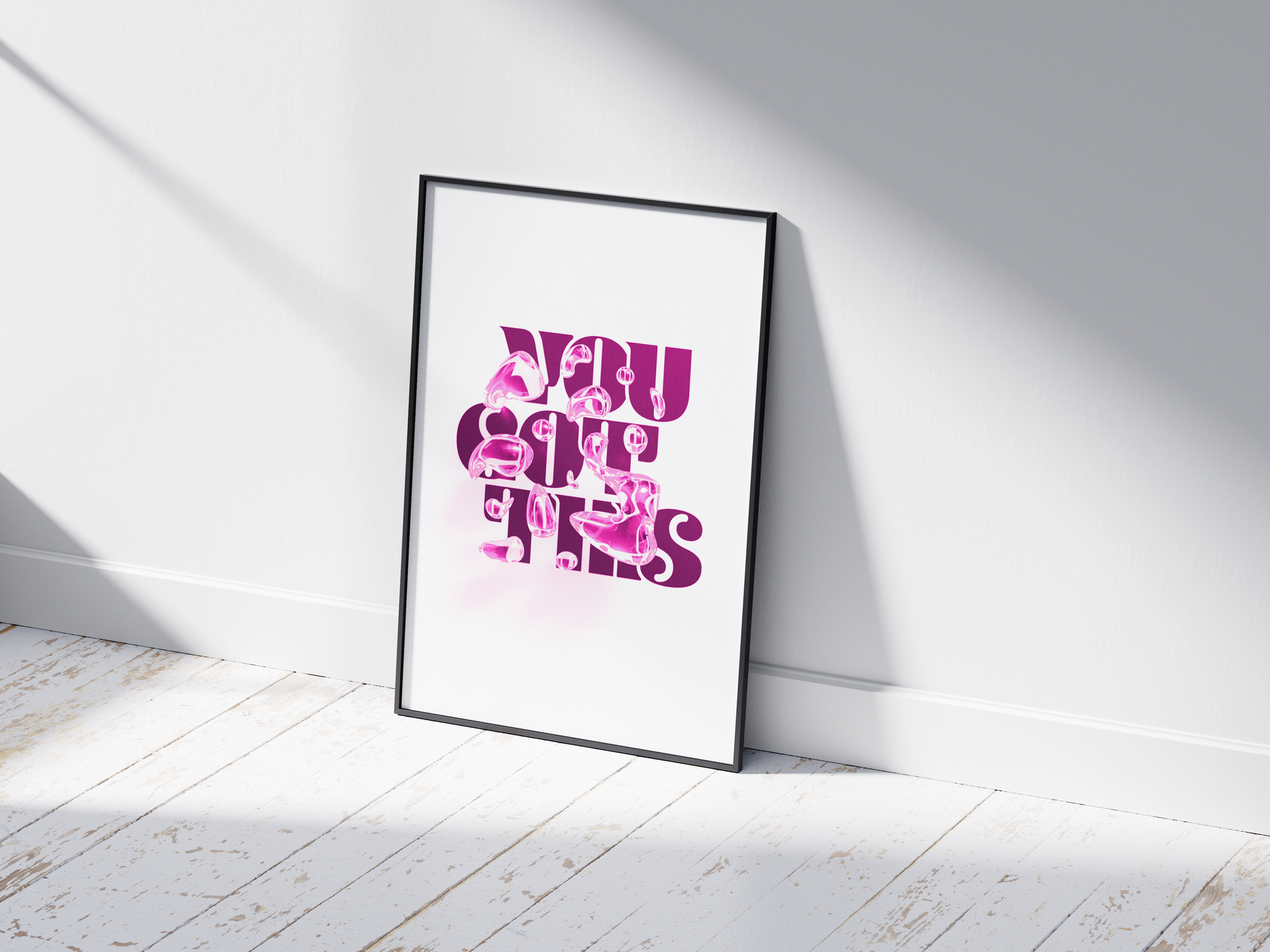 Motivational "You Got This" poster in a minimalist design, featuring dynamic text on semi-gloss paper. Perfect wall art for inspiring home offices, bedrooms, or any space needing a positive affirmation. Available in pink, black and white, or blue.