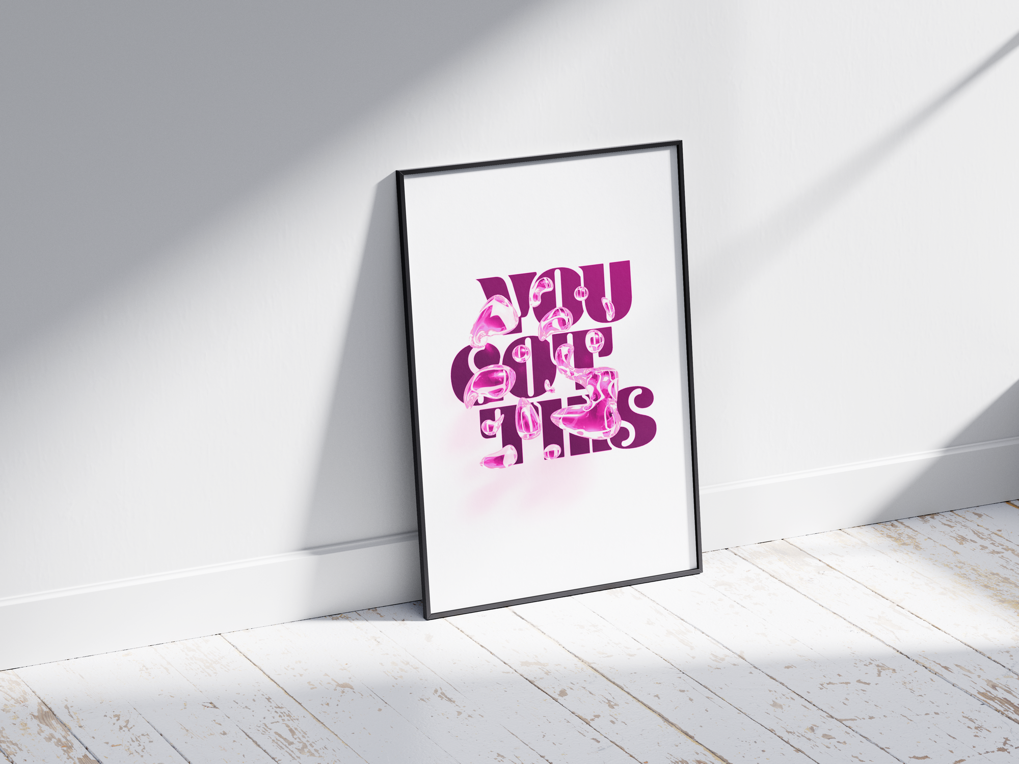 Motivational "You Got This" poster in a minimalist design, featuring dynamic text on semi-gloss paper. Perfect wall art for inspiring home offices, bedrooms, or any space needing a positive affirmation. Available in pink, black and white, or blue.