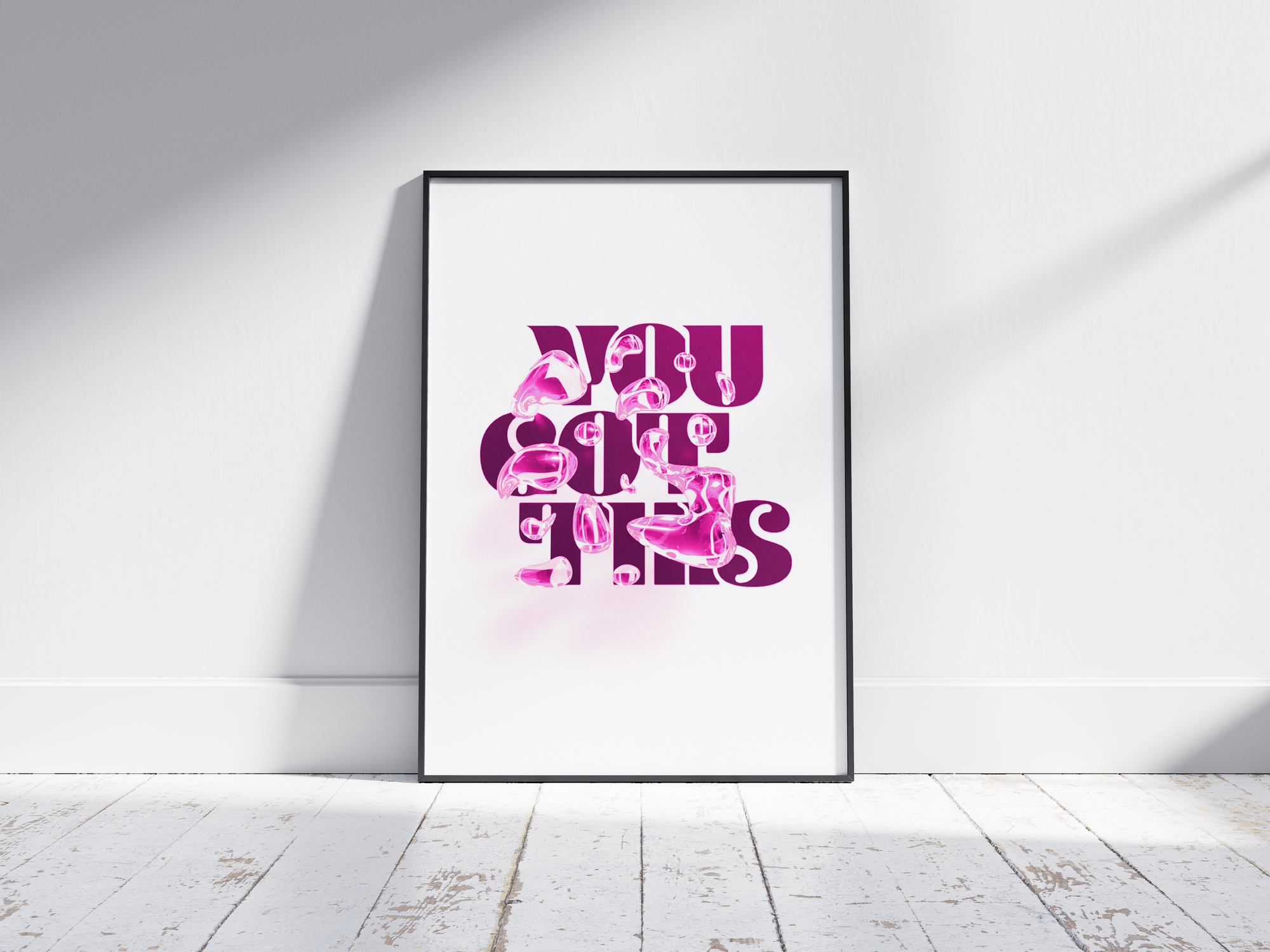 Motivational "You Got This" poster in a minimalist design, featuring dynamic text on semi-gloss paper. Perfect wall art for inspiring home offices, bedrooms, or any space needing a positive affirmation. Available in pink, black and white, or blue.