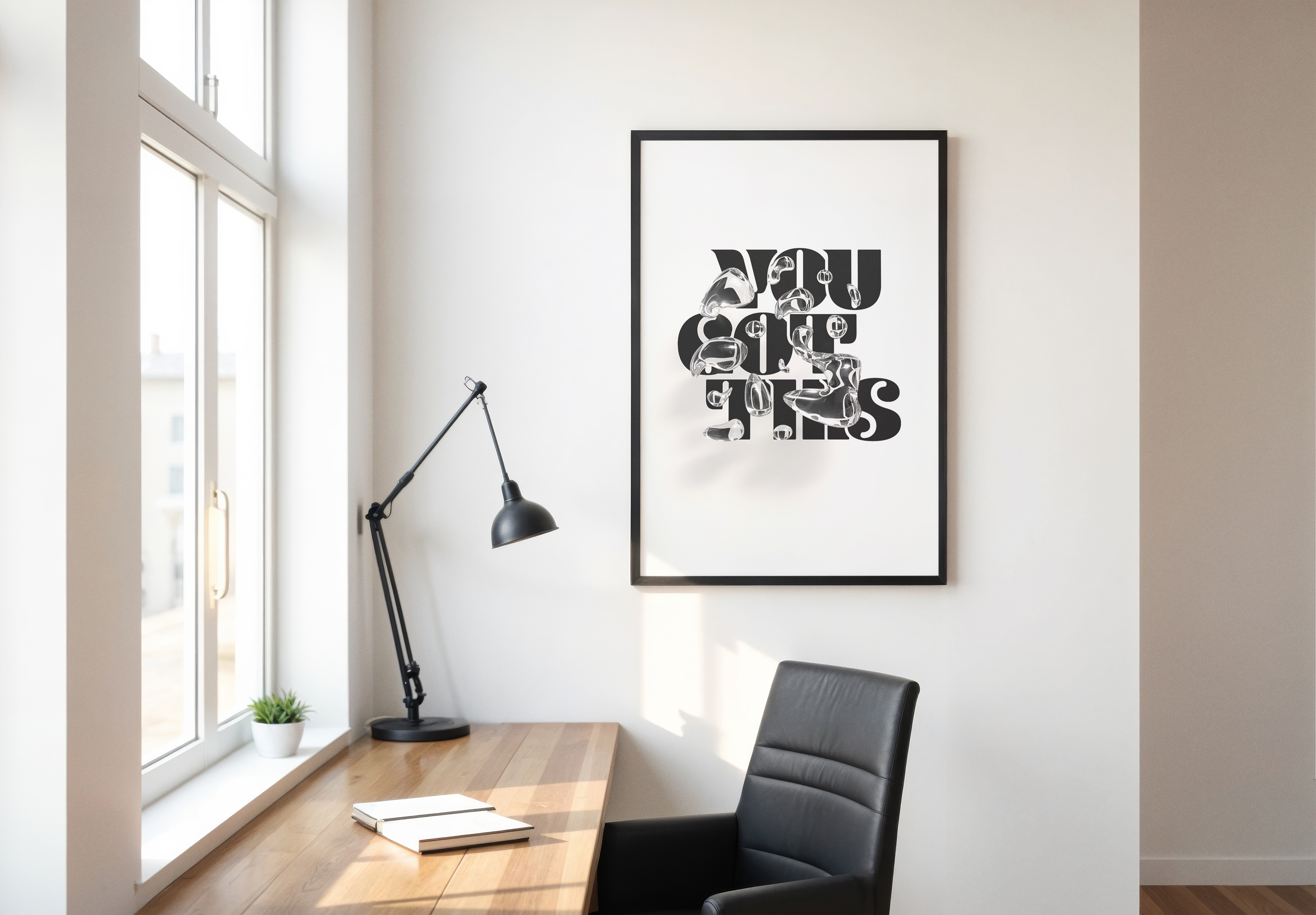 A motivational 'You Got This' poster in a thin black frame is mounted on a clean white wall next to a large, bright window. The text is stylized using abstract, interlocking black and white shapes that form the letters. A light wooden desk extends from the wall beneath the window, creating a workspace bathed in natural light. A black adjustable desk lamp and two small notebooks sit on the desk. A black leather office chair with a high back is positioned in front of the desk.