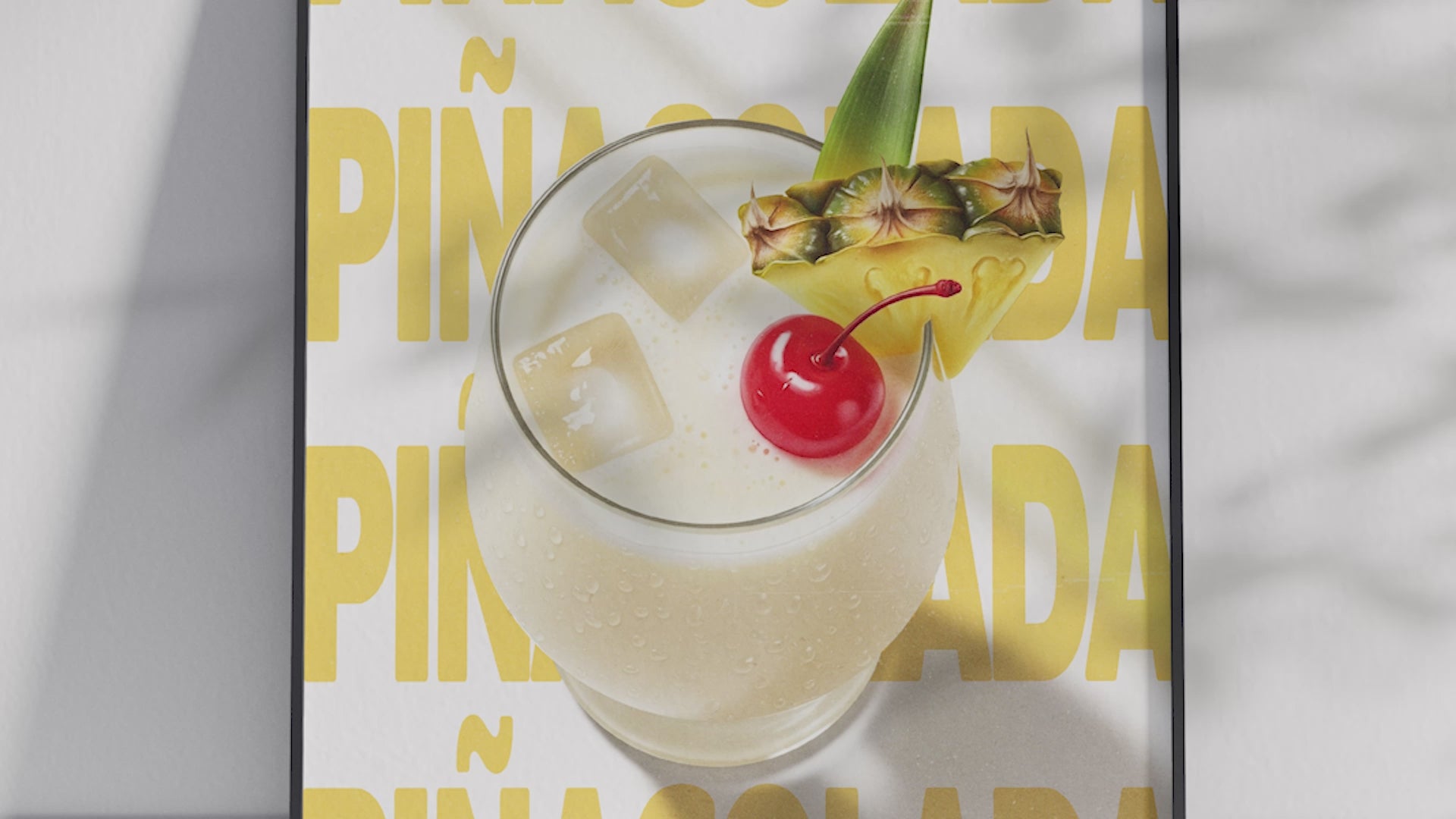 Classic Piña Colada cocktail poster featuring playful typography and a lush tropical drink illustration, printed on semi-gloss sustainable paper. Perfect wall art for kitchens, bar areas, or tropical-themed interiors with a vibrant and inviting aesthetic.