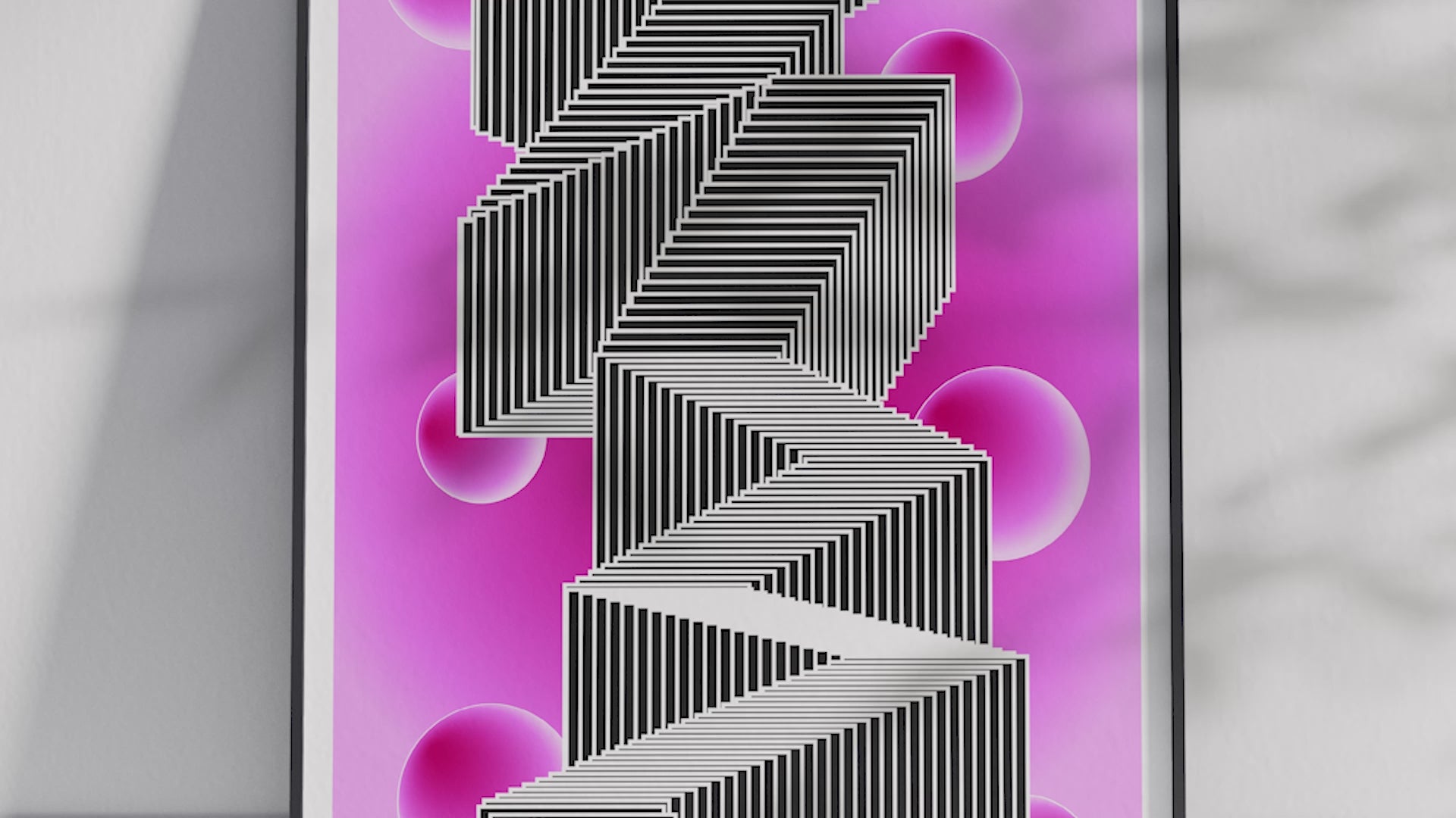 Abstract optical illusion poster with a black and white zigzag geometric pattern on a pink background with floating spheres, printed on semi-gloss paper. Perfect wall art for modern living rooms, studies, or contemporary interiors with a striking aesthetic.